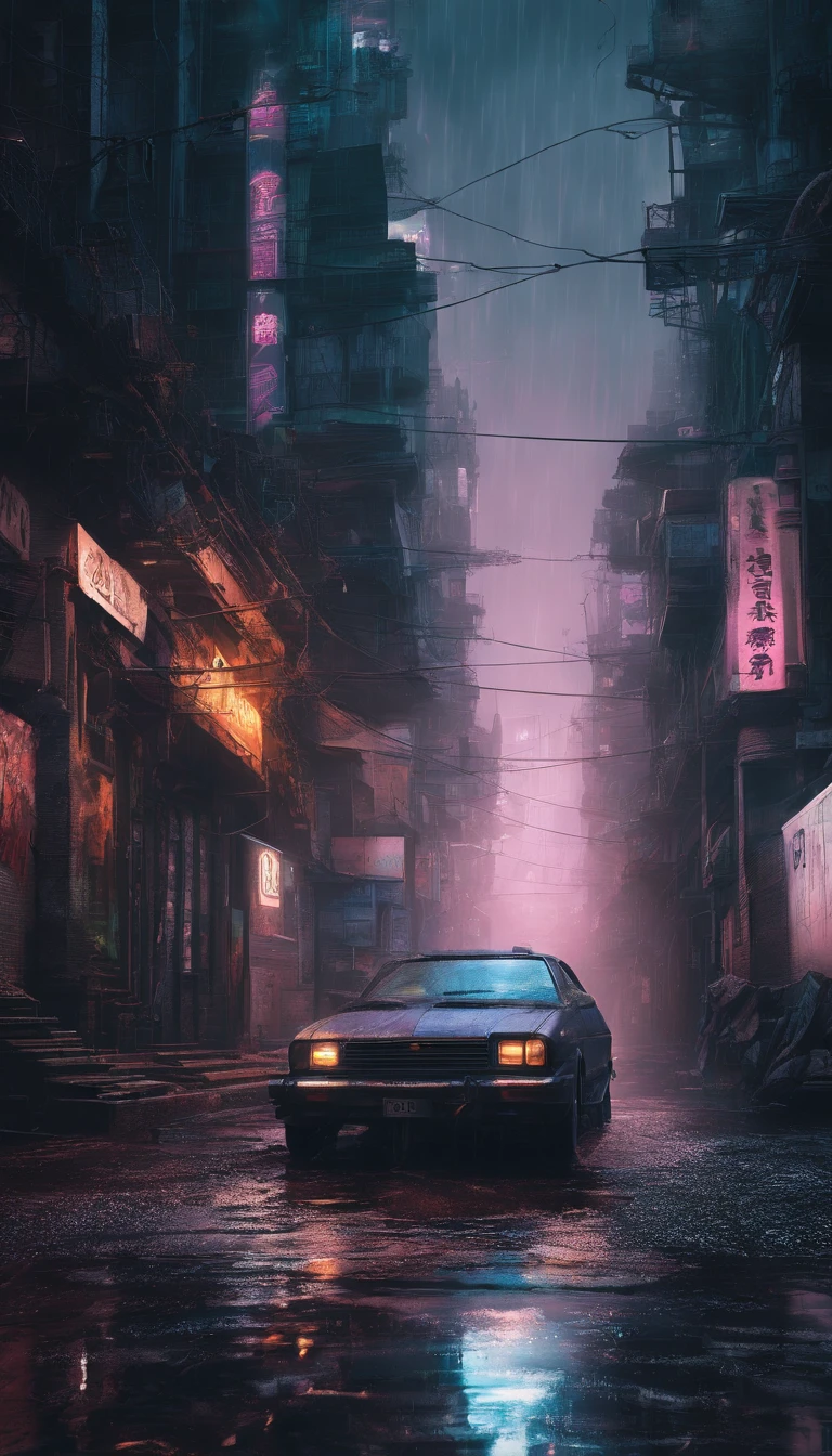 Best quality,4K,8K,A high resolution,tmasterpiece:1.2,ultra - detailed,actual,realistically:1.37,tocar,Post-apocalyptic days,cyber punk style, the city street,bustling,Under the illumination of neon lights,Gritty,dystopian,Tall structures,ae86 Truno ,futuristic building,dangerous,dark alley,heavy rain poured,heavy rain poured,Flashing street lights,illuminated signs,holographic advertisements,Reflective wet pavement,Abandoned vehicles,A smoky atmosphere,city smog,cracked concrete,wires hanging,In a bunch,rusted metal,graffiti-covered walls
