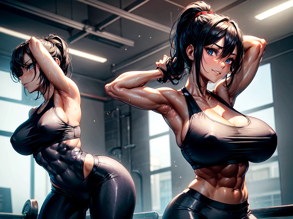 high quality, best, high resolution, best quality, award winning, masterpiece, highly detailed,
female, healthy tan skin, healthy beauty, Her strong shoulders continued down her tank top to her arms, which had great muscle definition. toned waist, toned arms,
black hair, dark hair, ponytail, During her training, her ponytail swayed rhythmically with her movements,
tight-fitting tank top, muscular bulge, toned abs, workout, strength, femininity, Her clothes are wet with sweat from training, training gym, huge breasts, huge buttocks, fangs, {zoroark}, {blue_eyes}+++, {red_eyeshadow}+, {red_eyeliner}+, {long nails}++, tsurime, provocative eyes,
smirk, smug, kubrick stare, grin,
attractive, Sensual, sexy, amorous, temptation, erotic, gray leggings+++, gym+++, ass focus, Nape of neck, weightlifting+++, indoor, ass focus,
gray clothes, gray tops, gray Tank top, gray leggings, tight leggins, a lot of sweat, wet clothes,
1female, {fitness shoes}+++, trapezius, pectoralis major, gluteus maximus, deltoids, quadriceps, hamstrings, biceps, Brachialis, sternocleidomastoid,