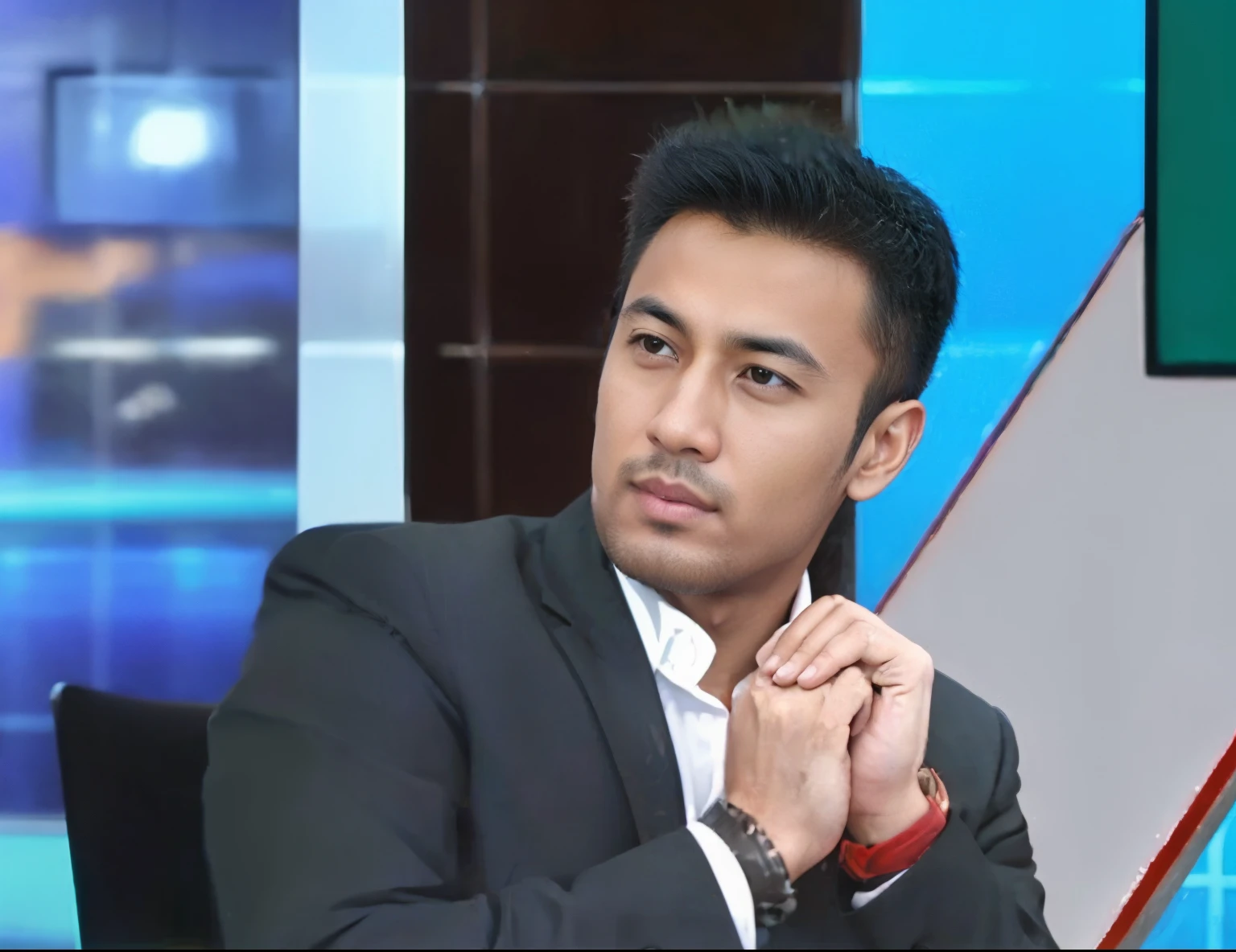 Aarav in a suit sits on a chair with his hand on his chin., tran damien, Edward Rusha, Devil's Lake, John Jude Palencar, Ramil Sunga, Allan Lee, Joe Taslim, bao pham, Kano Tan, Ruanjian, darren quach, Handsome chin, Ryangia