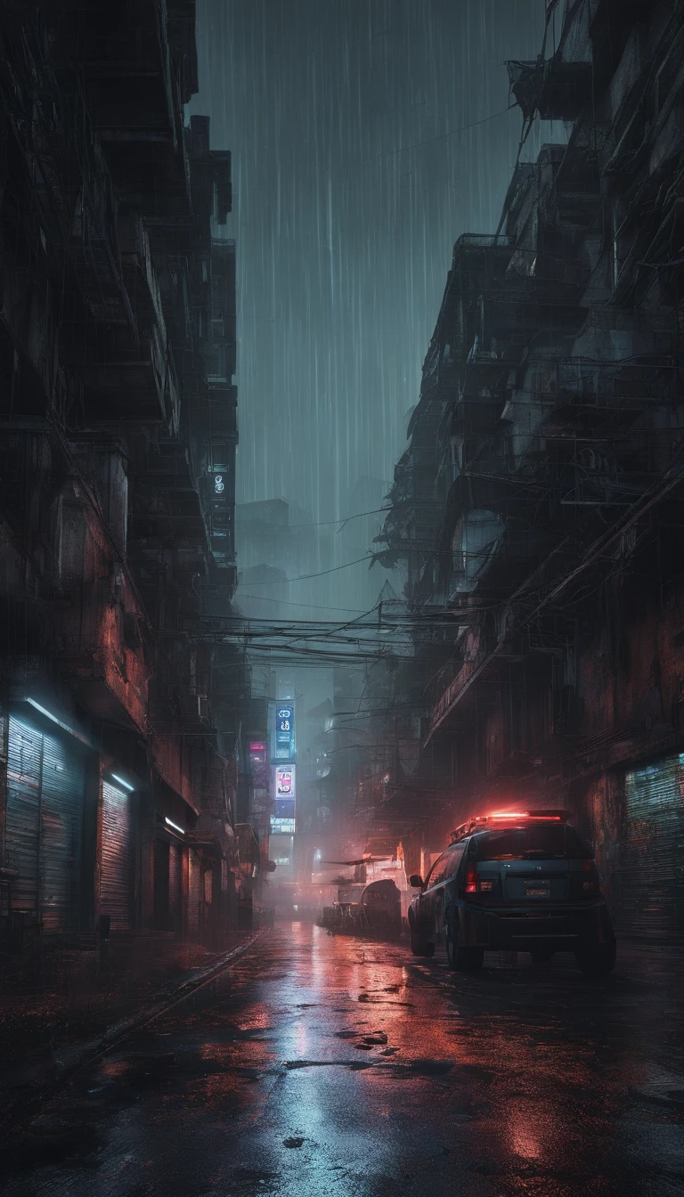 Best quality,4K,8K,A high resolution,tmasterpiece:1.2,ultra - detailed,actual,realistically:1.37,tocar,Post-apocalyptic days,cyber punk style, the city street,bustling,Under the illumination of neon lights,Gritty,dystopian,Tall structures,ae86 Truno ,futuristic building,dangerous,dark alley,heavy rain poured,heavy rain poured,Flashing street lights,illuminated signs,holographic advertisements,Reflective wet pavement,Abandoned vehicles,A smoky atmosphere,city smog,cracked concrete,wires hanging,In a bunch,rusted metal,graffiti-covered walls