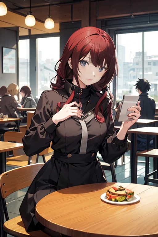 Image of a man sitting at a table holding a laptop, In a roadside cafe, sitting in a café, Tokyo anime anime scenes, people sitting at table, Madhouse Studio anime style, anime scene, sitting alone in a cafe, typical anime classroom, sitting alone in a cafe, style of madhouse anime, slice of life anime, Persona 5 Phantom Thief Style