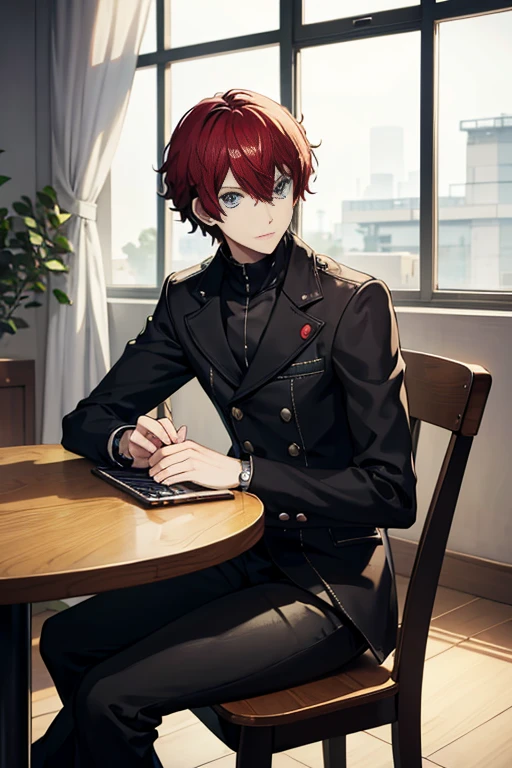 A man sitting at a table with a laptop cartoon character, in a coffee shop by the roadside, sitting inside the coffee shop, Tokyo anime anime scene, people sitting at the table, Madhouse Studio anime style, anime scene, sitting alone in the coffee shop, typical anime classroom, sitting alone in the coffee shop, insane asylum anime style, slice of life anime, Persona 5 Phantom Thieves style