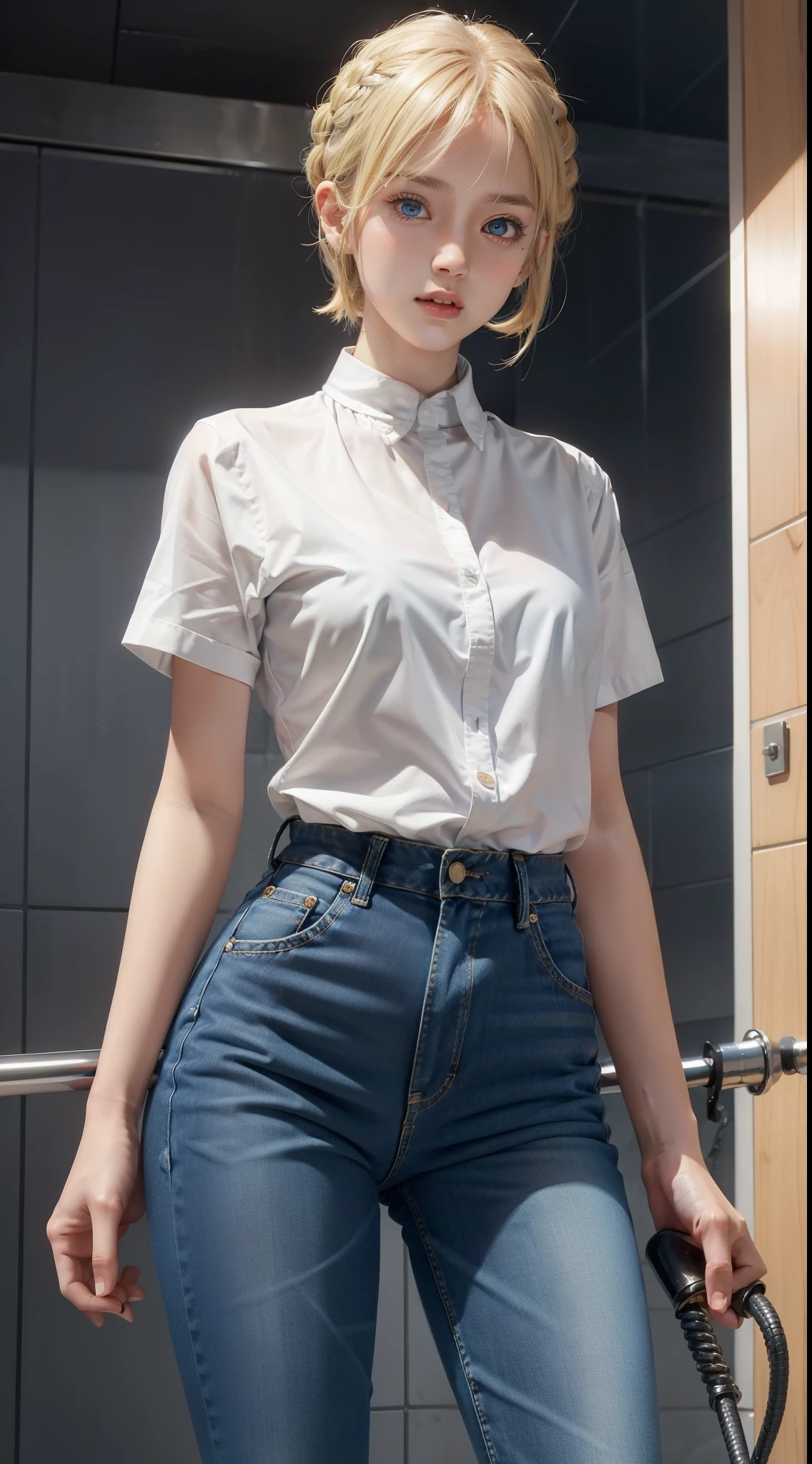 Young girls, blond with short hair, high ponytails, eBlue eyes, ssmile, Blue skinny shirt, denim pant, open shower room, Two swords, fly by rope, tmasterpiece, high high quality, 4K, k hd, Nice details