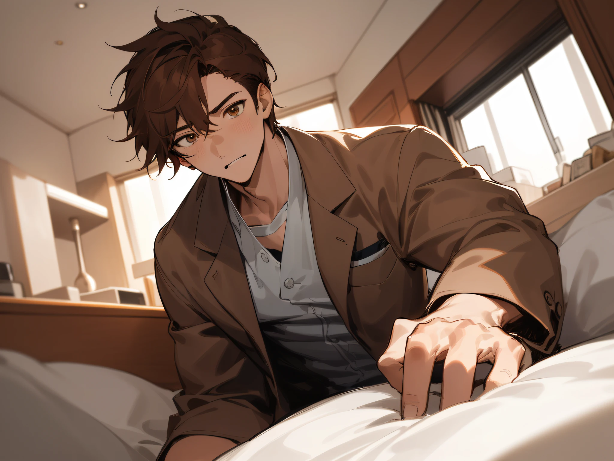 Upper body,a closeup,Man's,Impatient expression,perspiring,(26 year old),Cool,1 male、Dynamic Angle,Angle from below,Brown hair,(eyes are brown),Sitting at the bedside,(a bed),Look into the camera