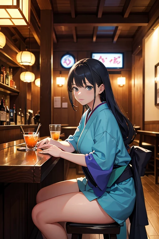 (best quality,4k,highres,masterpiece:1.2),ultra-detailed,realistic:1.37,bar scene,tokyo izakaya scene,anime scene,sitting in a bar,sitting at a bar,sitting alone at a bar,drinking at a bar,bar interior,background counter,Madhouse Studio anime style,crowded bar,anime characters,neon lights, costumes,cartoonish,fun and lively atmosphere,Japanese bar setting,wooden bar counter,blurred background,blue color tones,dark ambiance,beautifully lit,reflection on the bar counter,vibrant colors,colourful cocktails,misty atmosphere