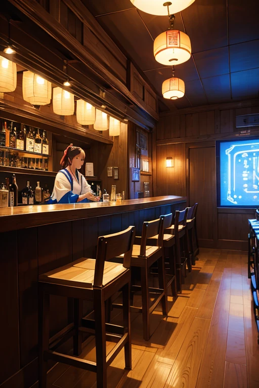 (best quality,4k,highres,masterpiece:1.2),ultra-detailed,realistic:1.37,bar scene,tokyo izakaya scene,anime scene,sitting in a bar,sitting at a bar,sitting alone at a bar,drinking at a bar,bar interior,background counter,Madhouse Studio anime style,crowded bar,anime characters,neon lights, costumes,cartoonish,fun and lively atmosphere,Japanese bar setting,wooden bar counter,blurred background,blue color tones,dark ambiance,beautifully lit,reflection on the bar counter,vibrant colors,colourful cocktails,misty atmosphere