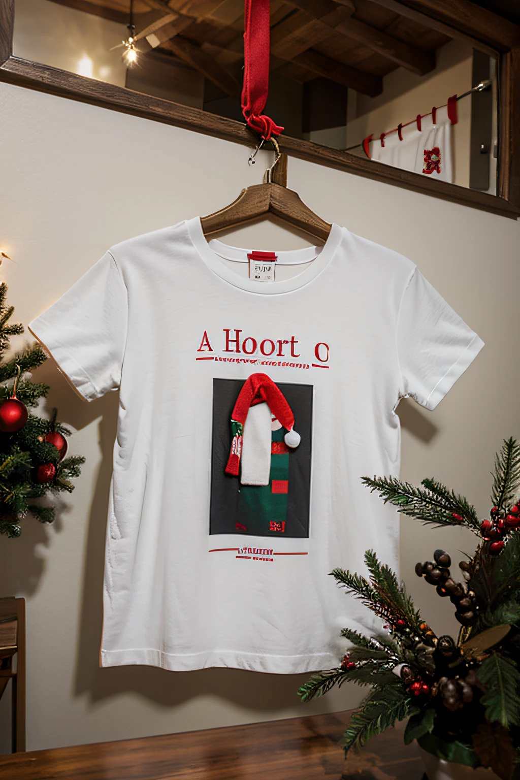 a Sion t-shirt hanging and Christmas decorations around it