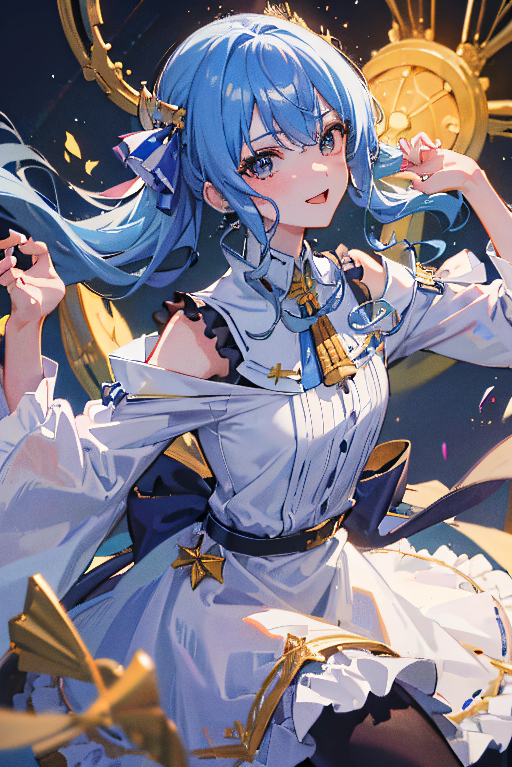 (La mejor calidad,High resolution,Obra maestra:1.2), Hoshimachi Suisei, cabello azul, Traje de Hoshimachi Suisei, cuerpo completo, cantando en un concierto, superestrella, colores vibrantes, stage lighting, energy efficiency, looking at viewer.