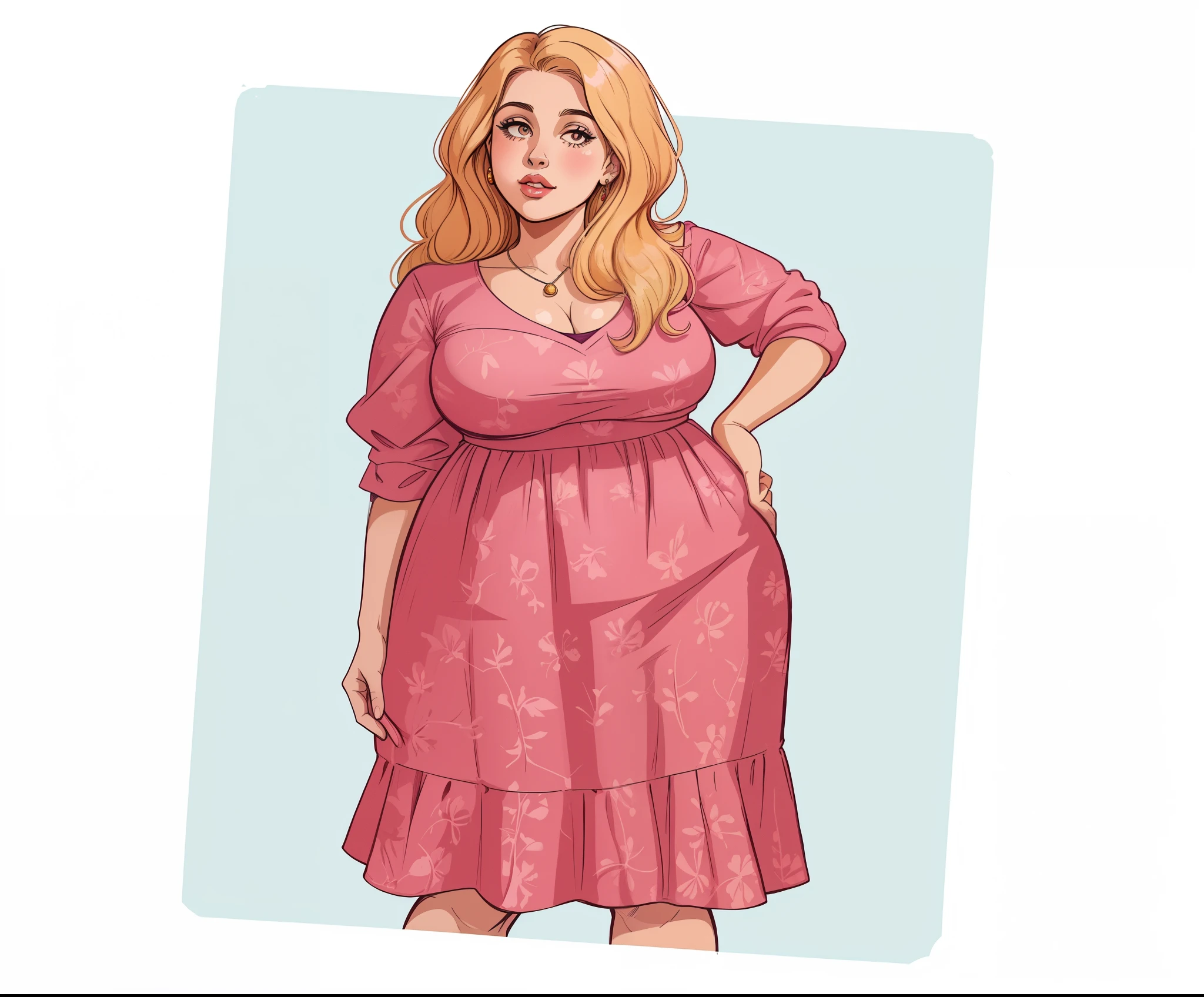 desenho de uma mulher com um vestido rosa e um colar, vestido com um vestido rosa, mulher plus size, No estilo de arte de Bowater, in illustration style digital, Um retrato de uma mulher rechonchuda, Cartoon style illustration, usando um vestido rosa, retrato de personagem de corpo inteiro, Retrato de corpo inteiro do personagem, vestido detalhado e rosto, retrato de corpo inteiro de um curto!