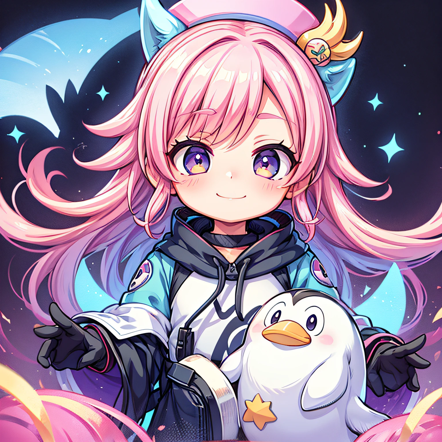 imagine a twitch emote badge a cute penguin, unitalize a pastel color pallete, apply the digital painting technique to add depth ,intricate details, smiling face , pink hair Ensure a visually balanced composition for each badge against white backround