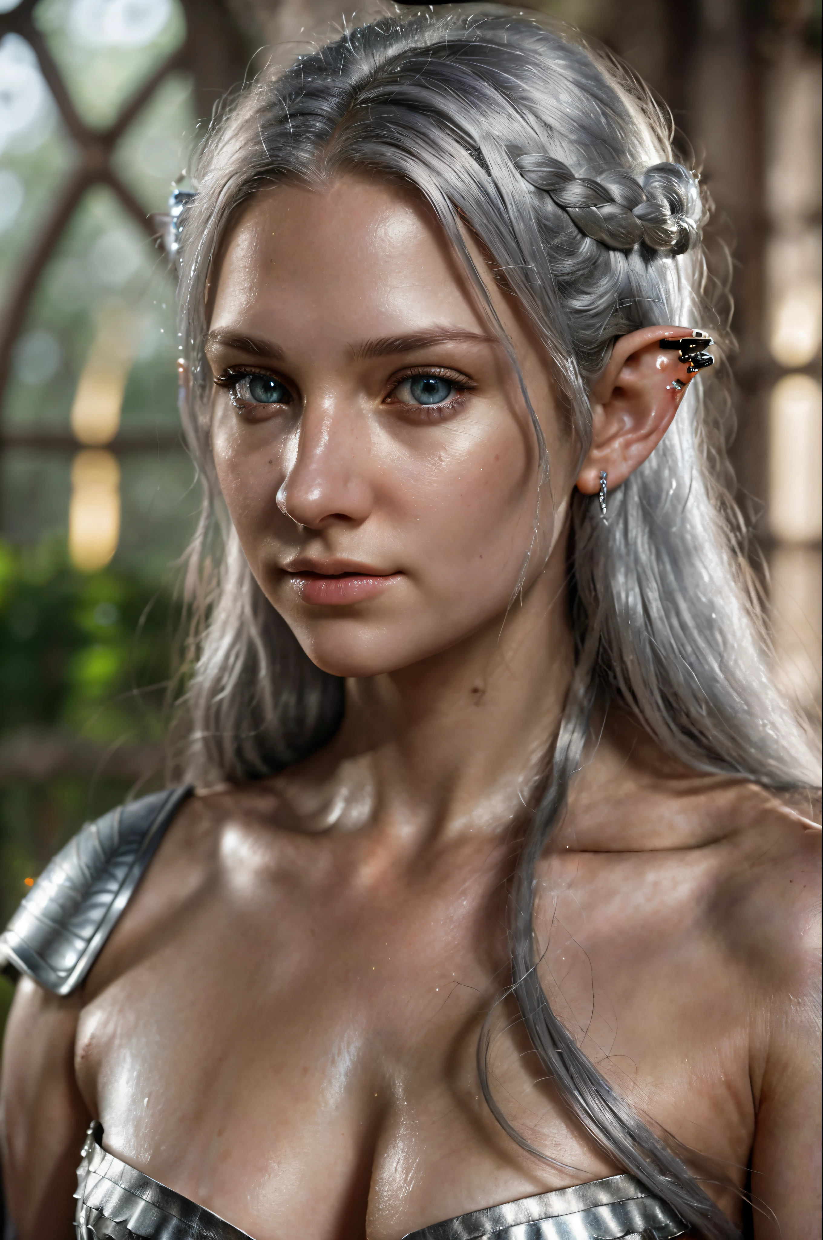 from lord of the rings  (detailed face, detailed eyes, clear skin, clear eyes), lotr, fantasy, elf, female, silver hair, looking at viewer, half body Closeup, portrait, photography, detailed skin, realistic, photo-realistic, 8k, highly detailed, full length frame, High detail RAW color art, piercing, diffused soft lighting, shallow depth of field, sharp focus, hyperrealism, cinematic lighting, pointy ears