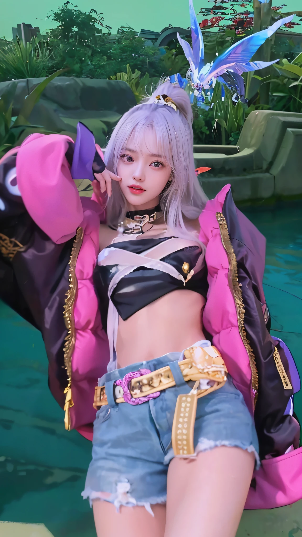 best quality,masterpiece,extremely detailed,high res,4k,ultra high res,detailed shadow,ultra realistic,realistic,dramatic lighting,1girl,solo,detailed face,realistic eyes,realistic skin,white dress,purple hair,dynamic pose, white lace dress