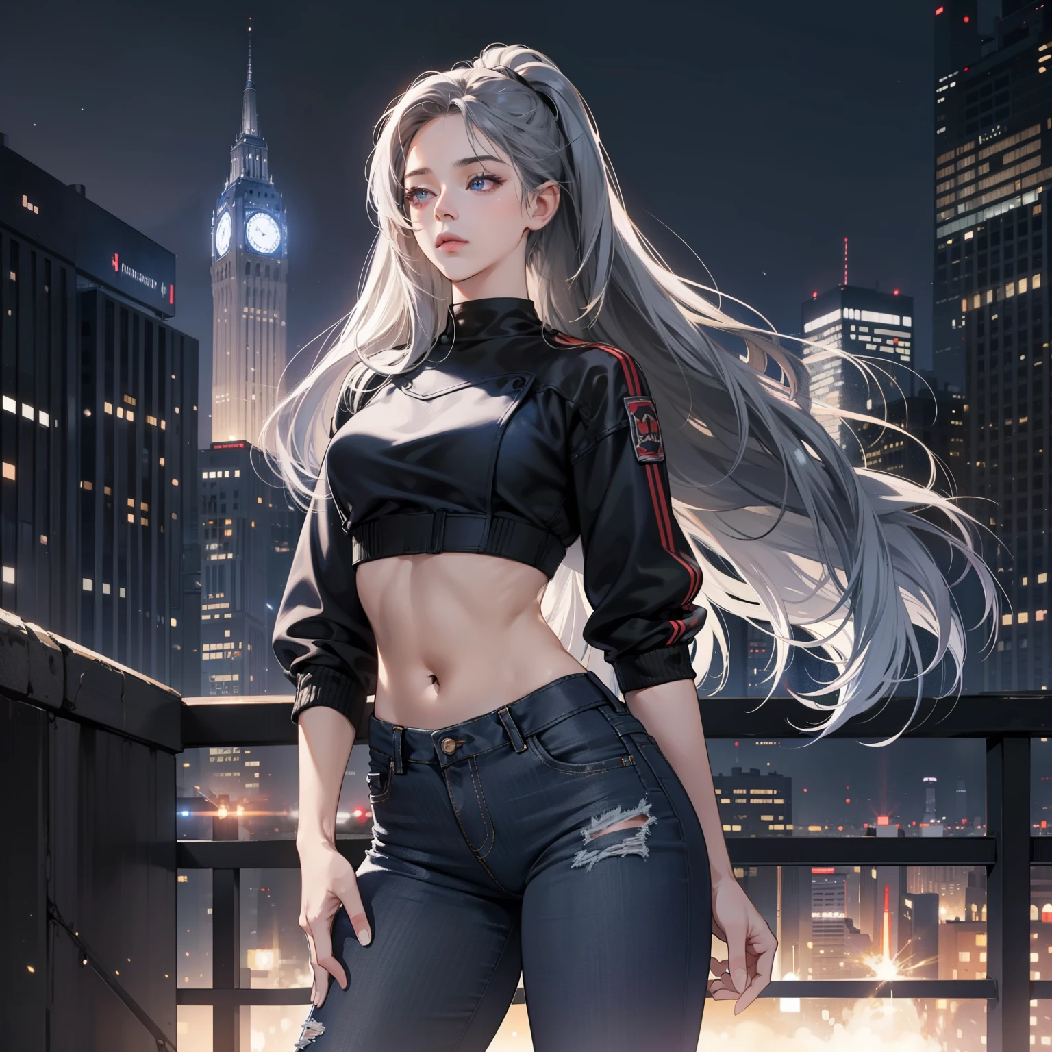 Masterpiece, high quality, best quality, HD, realistic, perfect lighting, detailed body, 1 woman, perfect eyes, long hair, Midnight blue with ash gray pony Hair, glowing, gray crop top, black jeans, city background.