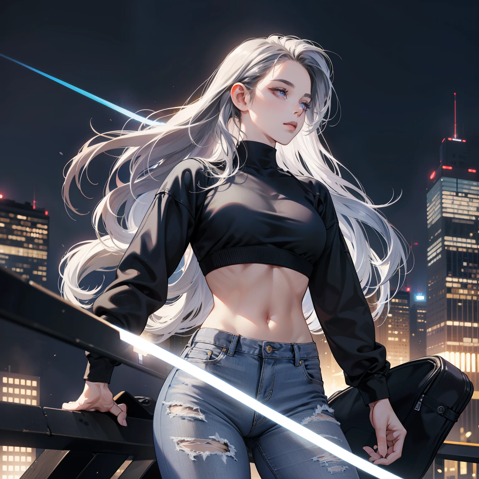 Masterpiece, high quality, best quality, HD, realistic, perfect lighting, detailed body, 1 woman, perfect eyes, long hair, Midnight blue with ash gray pony Hair, glowing, gray crop top, black jeans, city background.