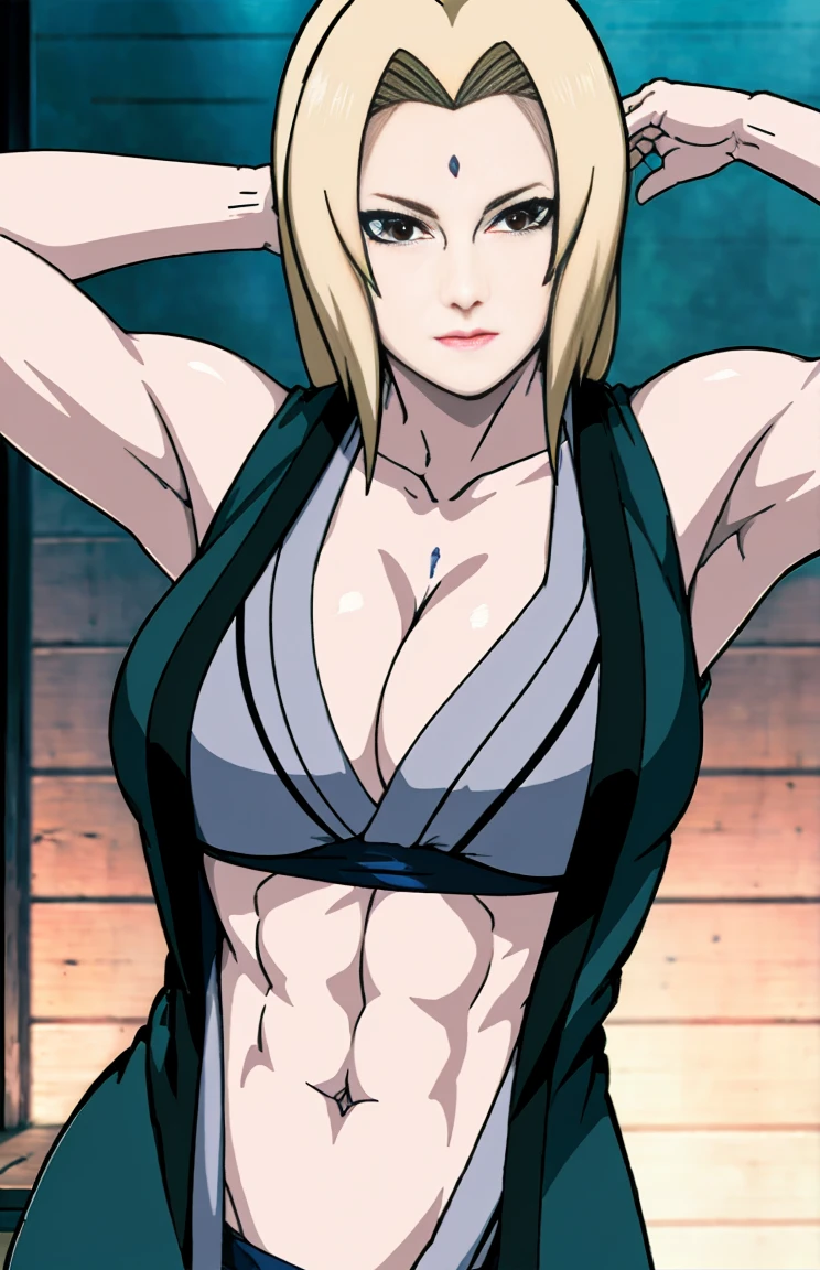 Tsunade, sports bra, detailed navel, strong woman, powerful muscles, confident expression, vibrant colors, dynamic lighting, realistic painting style, high resolution, ultra-detailed, HDR.