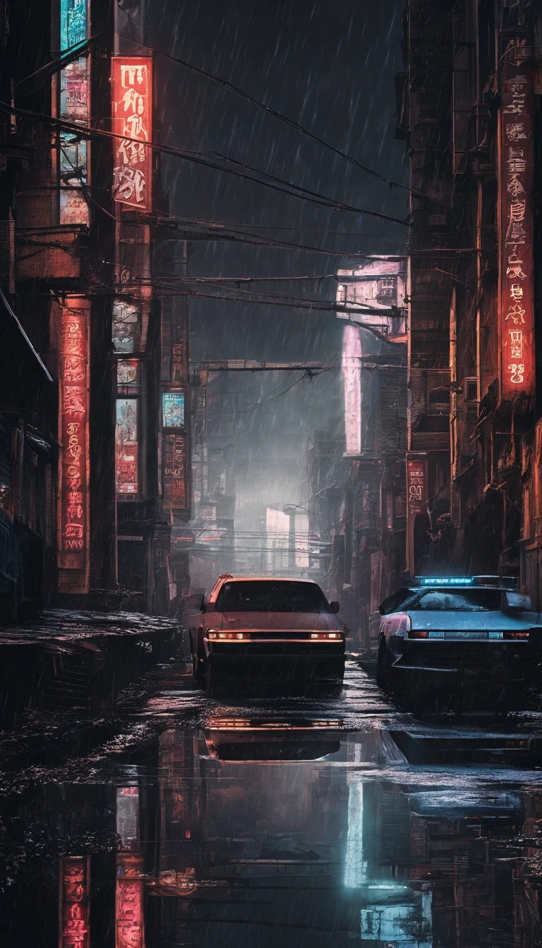 Best quality,4K,8K,A high resolution,tmasterpiece:1.2,ultra - detailed,actual,realistically:1.37,tocar,Post-apocalyptic days,cyber punk style, the city street,bustling,Under the illumination of neon lights,Gritty,dystopian,Tall structures,ae86 Truno ,futuristic building,dangerous,dark alley,heavy rain poured,heavy rain poured,Flashing street lights,illuminated signs,holographic advertisements,Reflective wet pavement,Abandoned vehicles,A smoky atmosphere,city smog,cracked concrete,wires hanging,In a bunch,rusted metal,graffiti-covered walls