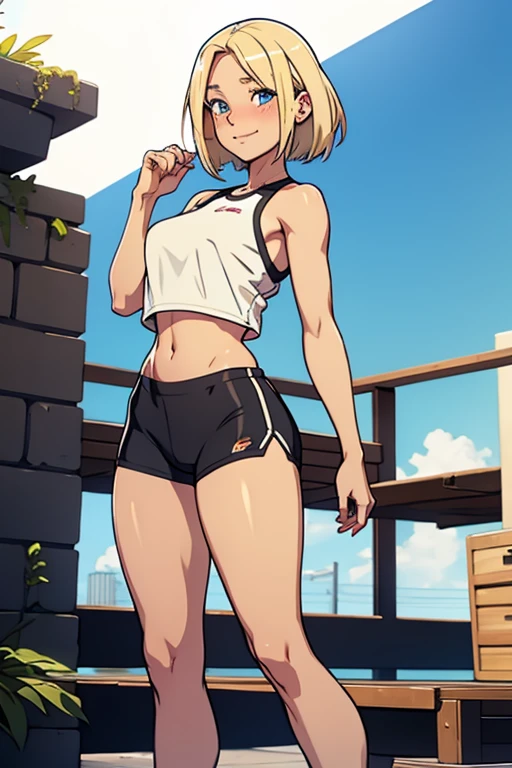 A beautiful blonde blushing barefoot happy woman with very straight hair, wearing a short black sportspants and croptop, standing.