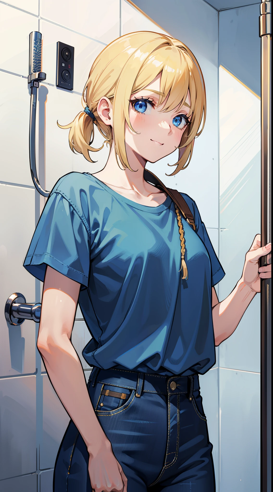 Young girls, blond with short hair, high ponytails, eBlue eyes, ssmile, Blue skinny shirt, denim pant, open shower room, Two swords, fly by rope, tmasterpiece, high high quality, 4K, k hd, Nice details