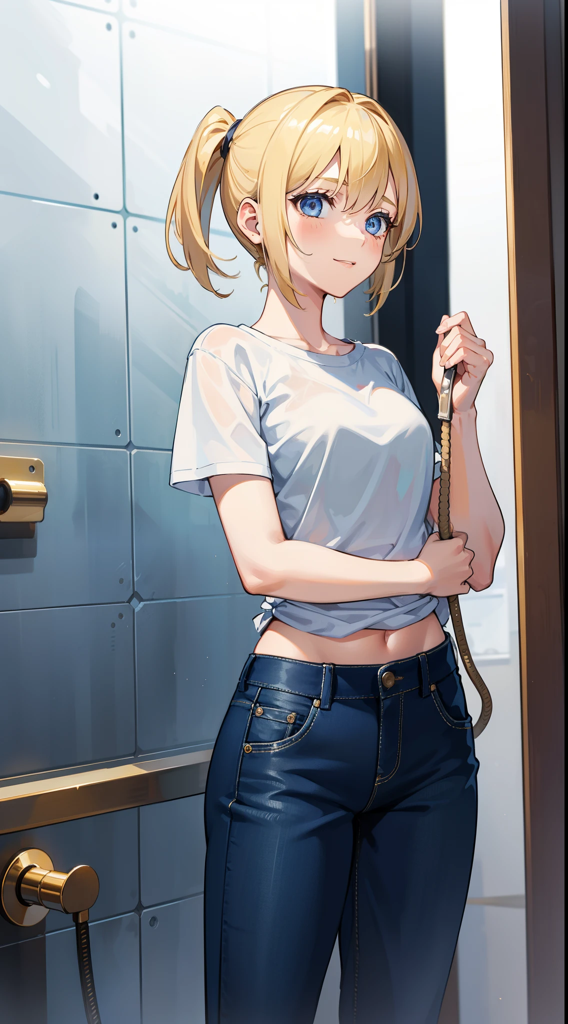 Young girls, blond with short hair, high ponytails, eBlue eyes, ssmile, Blue skinny shirt, denim pant, open shower room, Two swords, fly by rope, tmasterpiece, high high quality, 4K, k hd, Nice details