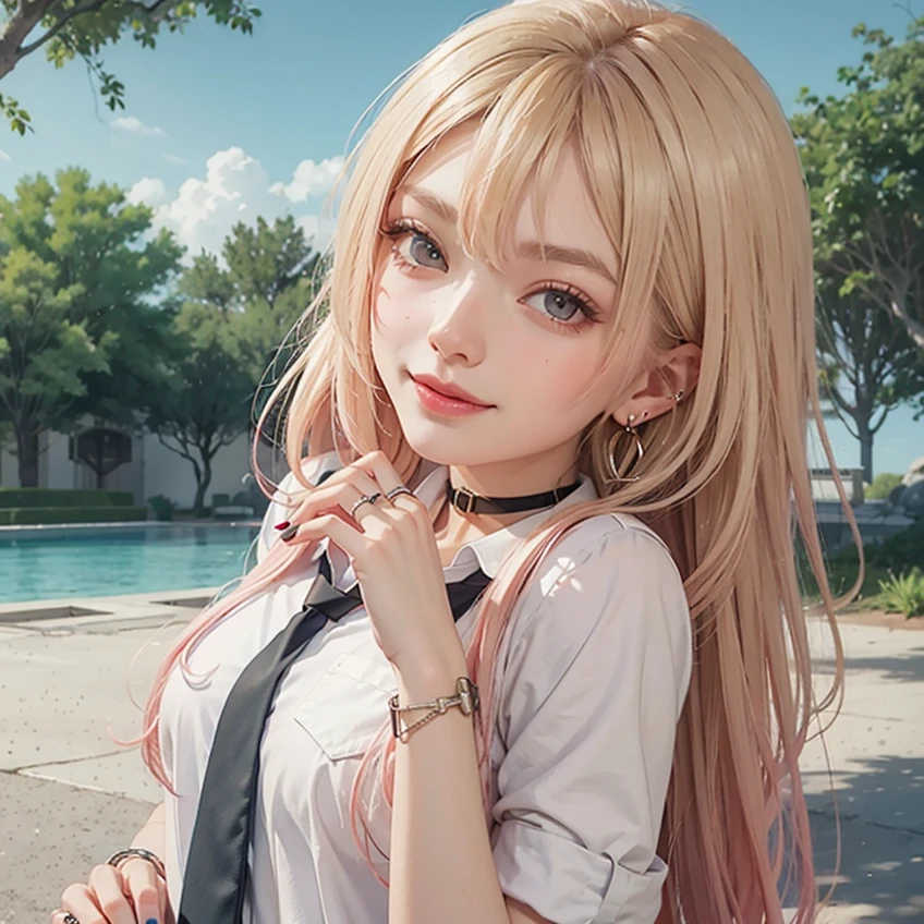 MarinLora, 1girl, long hair, blush, smile, blonde hair, shirt, red eyes, jewelry, school uniform, white shirt, pink hair, earrings, outdoors, necktie, choker, collared shirt, nail polish, arm up, bracelet, tree,, black choker, piercing, ring, ear piercing, black necktie, pink nails,