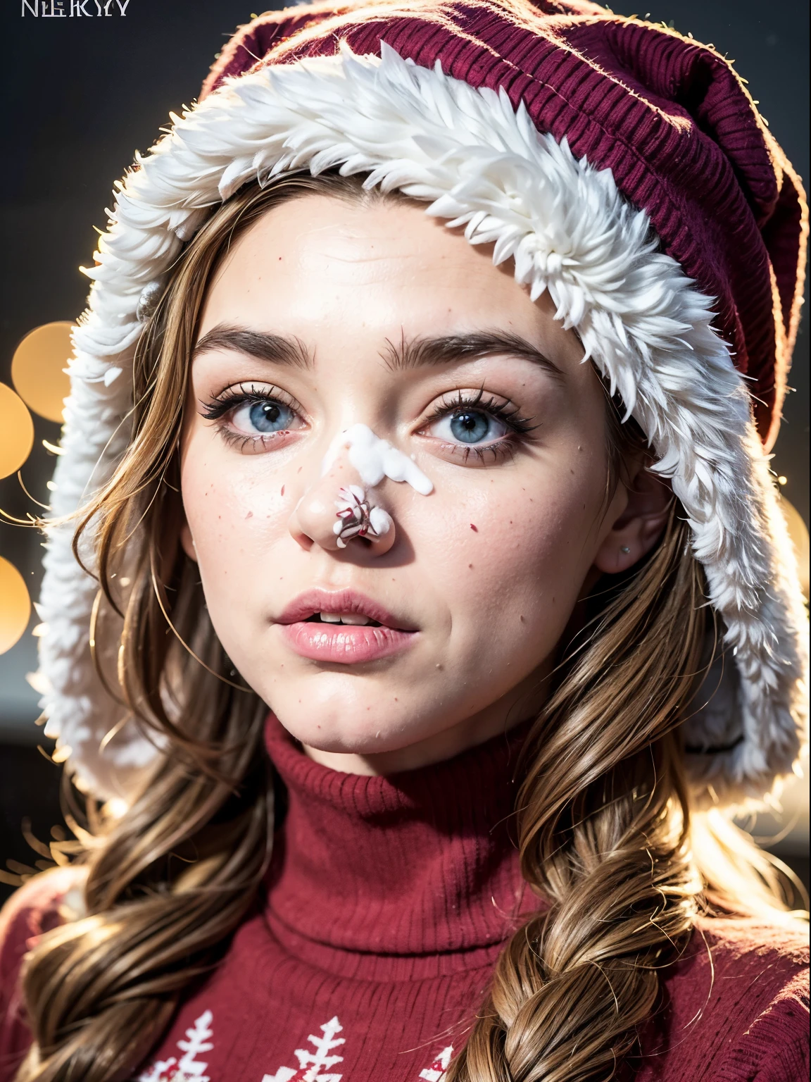 arafed woman in a christmas sweater is  a funny face, olya bossak, sydney sweeney, anna nikonova aka newmilky, soft portrait shot 8 k, irish youtuber, she is facing the camera, twitch streamer, wearing festive clothing, portrait of kim petras, gif, ukrainian girl, christmas night, looking surprised, she has a distant expression