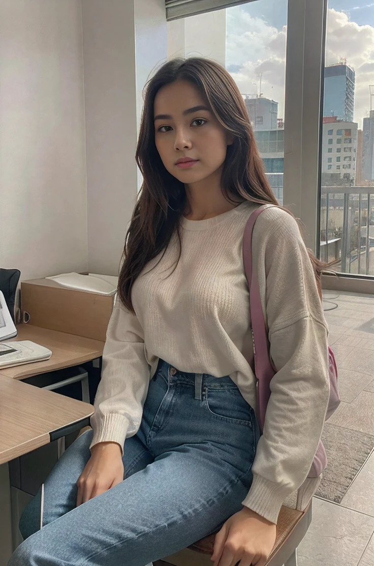 "Por favor, creates a hyper-realistic representation of an Asian woman in her 20s. Tiene el cabello corto, con un corte moderno y despeinado. His expression is serene but with a determined look.. Lleva puesta una mochila en su espalda, indicando que es una estudiante. She is dressed in a sweater , una camiseta blanca y unos jeans ajustados. The woman is sitting in an office in Mexico City, rodeada de edificios coloridos y vibrantes. El sol brilla en el fondo, creando sombras suaves en su rostro y cuerpo. El arte debe capturar cada detalle y textura de manera hiperrealista, transmitting the life and energy of the city".