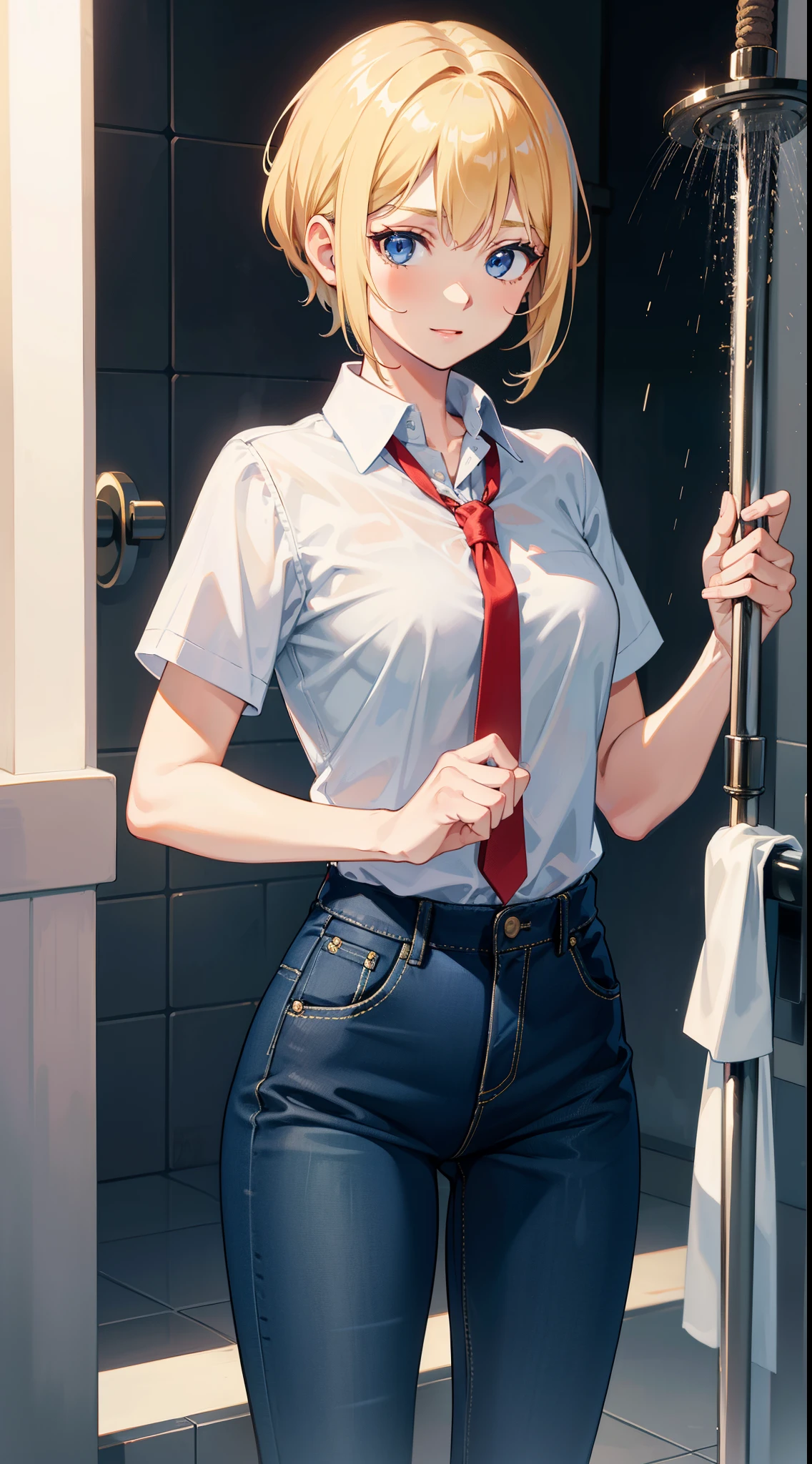 Young girls, blond with short hair, high ponytails, eBlue eyes, ssmile, Blue skinny shirt, denim pant, open shower room, Two swords, fly by rope, tmasterpiece, high high quality, 4K, k hd, Nice details