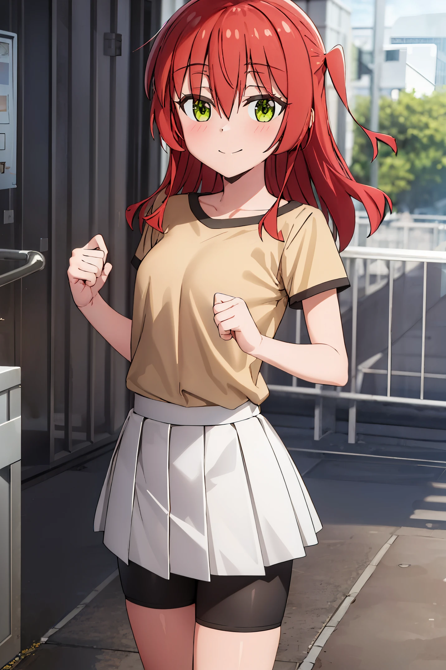 Room, 1 girl, best quality, ultra high res, long hair, red hair, yellow eyes, t-shirt, yellow shirt, short sleeves, white skirt, pleated skirt, miniskirt, bike shorts, bike shorts under skirt, looking at viewers, small breast, standing, pov, slim body, loli body, small body, smile