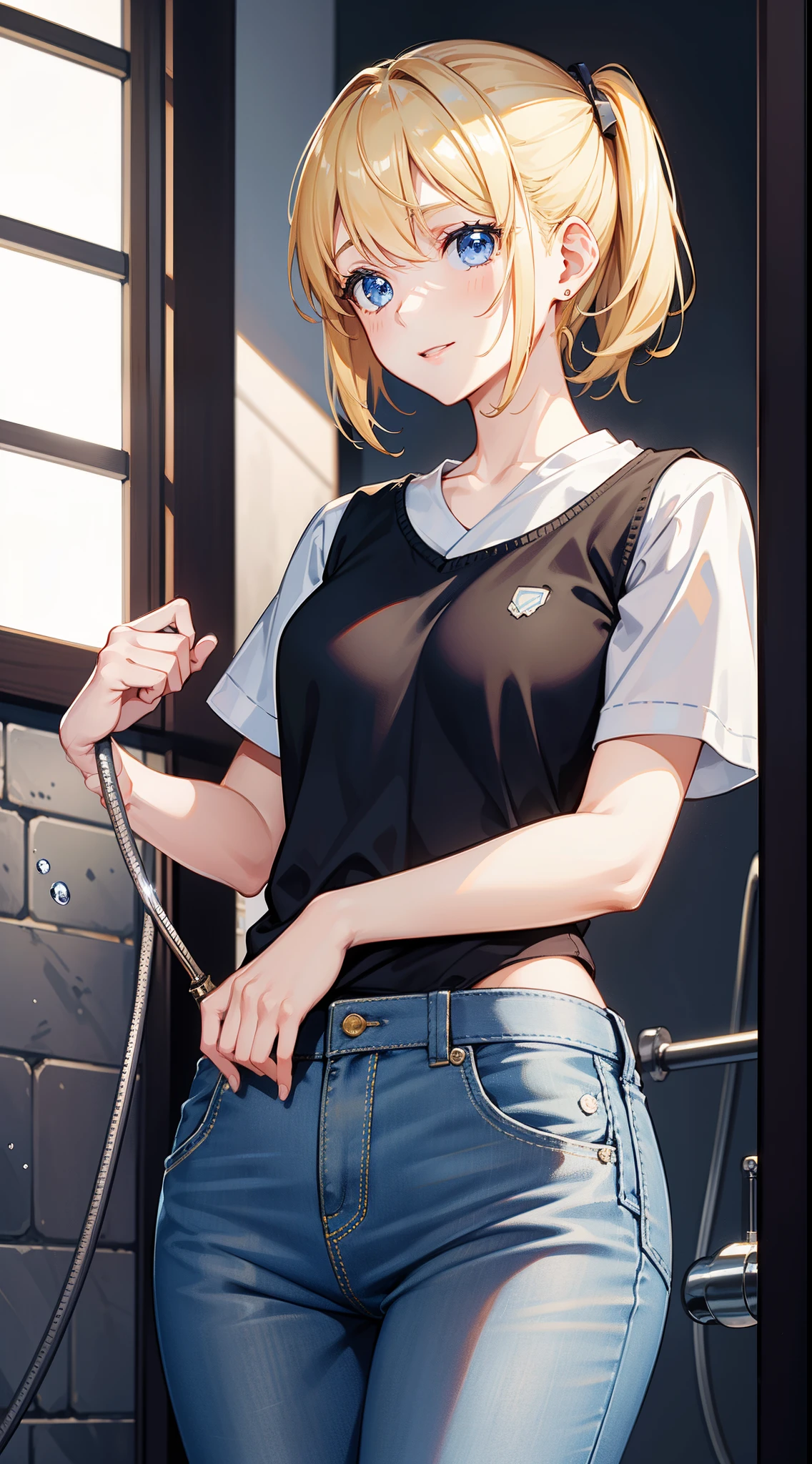 Young girls, blond with short hair, high ponytails, eBlue eyes, ssmile, Blue skinny shirt, denim pant, open shower room, Two swords, fly by rope, tmasterpiece, high high quality, 4K, k hd, Nice details
