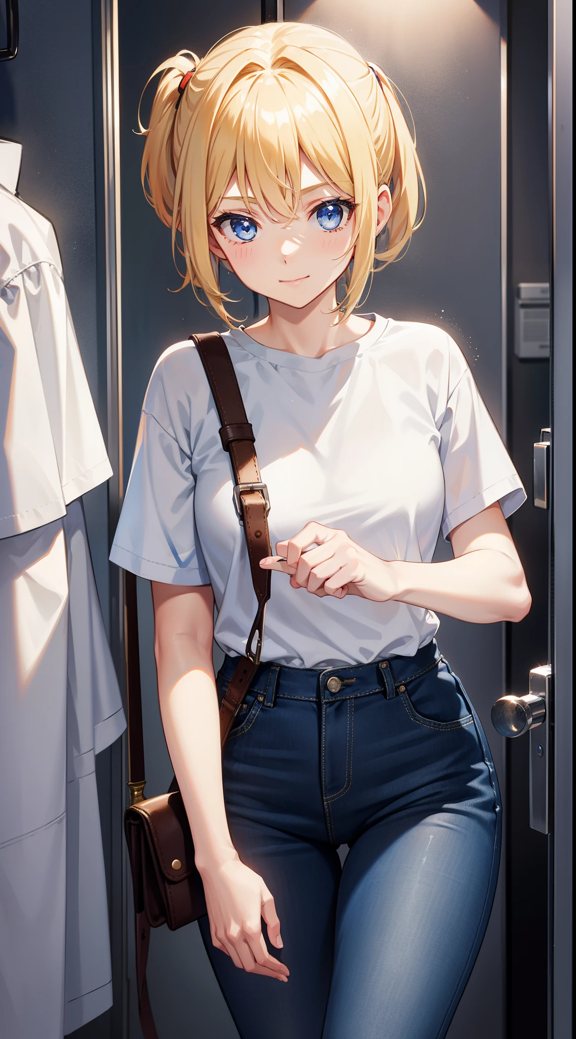 Young girls, blond with short hair, high ponytails, eBlue eyes, ssmile, Blue skinny shirt, denim pant, open shower room, Two swords, fly by rope, tmasterpiece, high high quality, 4K, k hd, Nice details