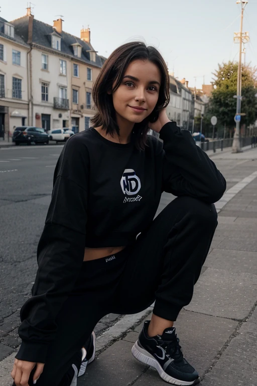 femme brune aux cheveux milong et lisses portant un haut noir et jogging noir et des baskets noir souriante tenant une bouteille d'eau allant faire du sport