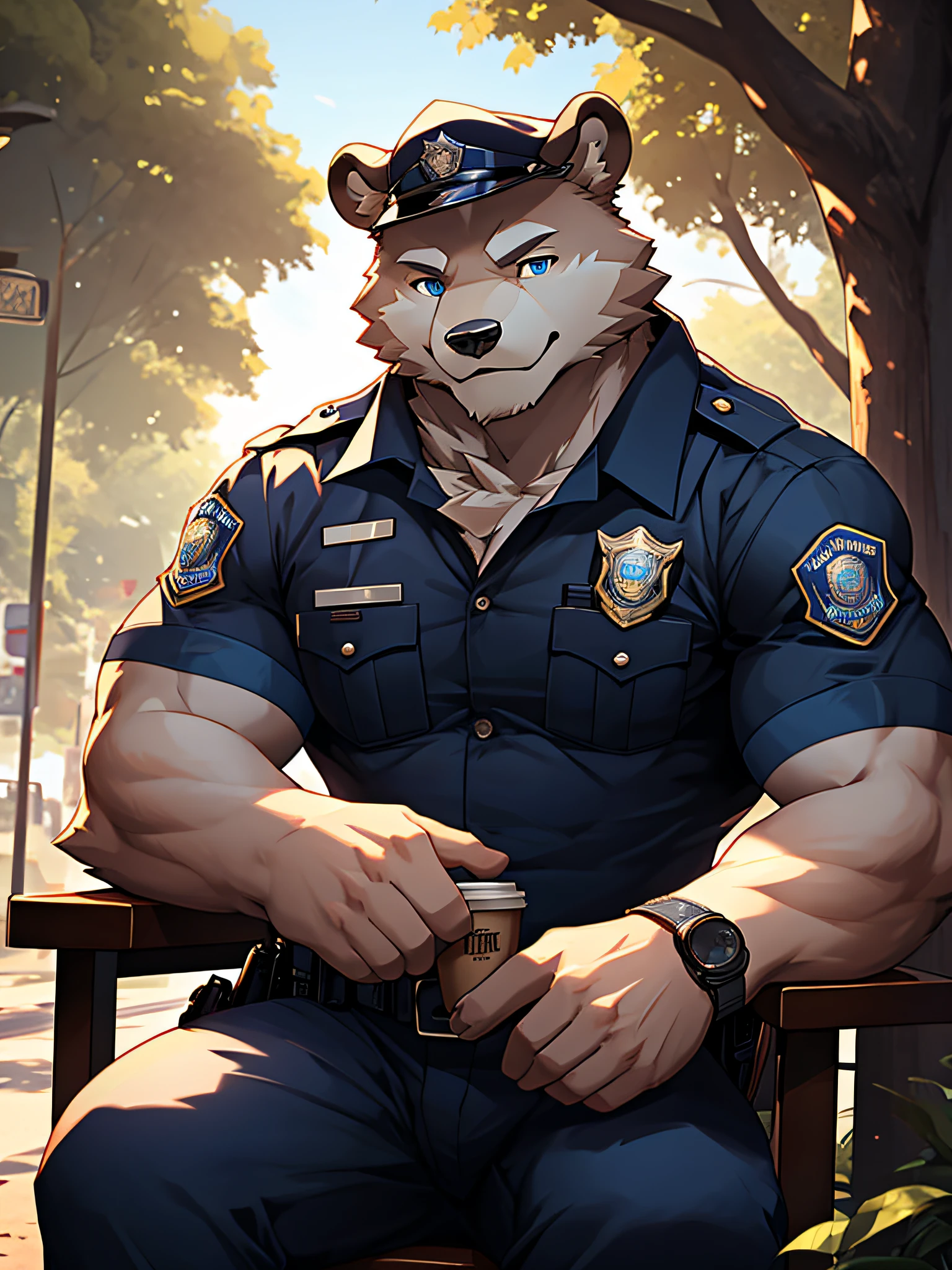 furry,bara,white bear,Blue Eyes,handsome face,slight smile,muscular,wearing an american police uniform,Sitting on a long chair under a tree.,coffee cup in hand,Early morning,straight-looking at viewer,Maximum image resolution,Dynamic lighting,10