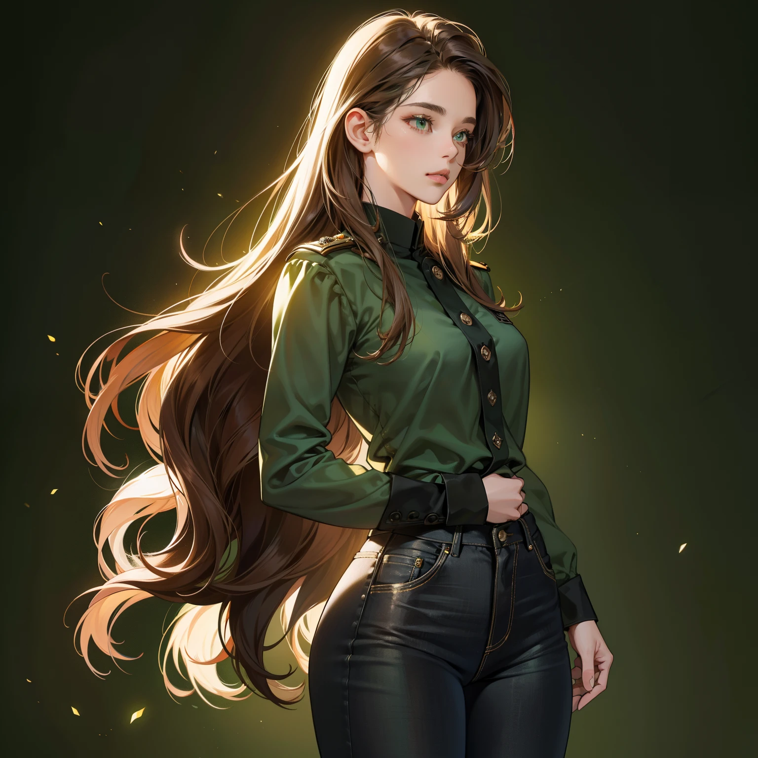 Masterpiece, high quality, best quality, HD, realistic, perfect lighting, detailed body, 1 woman, perfect eyes, long hair, Brown Hair, glowing, Dark Green Girls uniform, black jeans, dark green background.