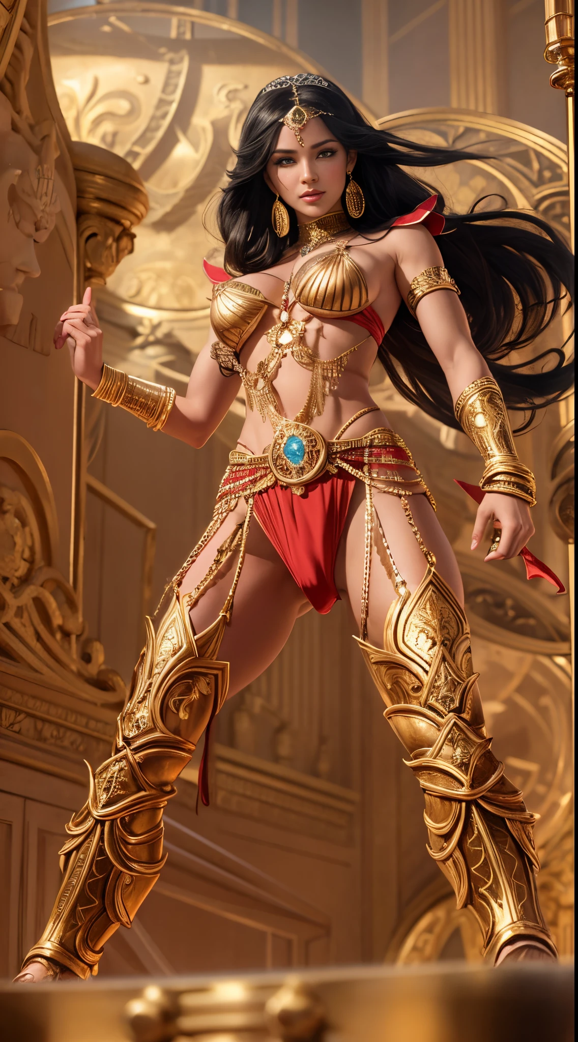 Dejah Thoris, princess of Mars, intricate details, intricate gold jewelry, Mars background, athletic and fit body, naughty, slutty, perfect hands, detailed hands, perfect eyes, detailed eyes, flirty, sexy, naughty, realistic, HDR, UHD, dynamic, full body.