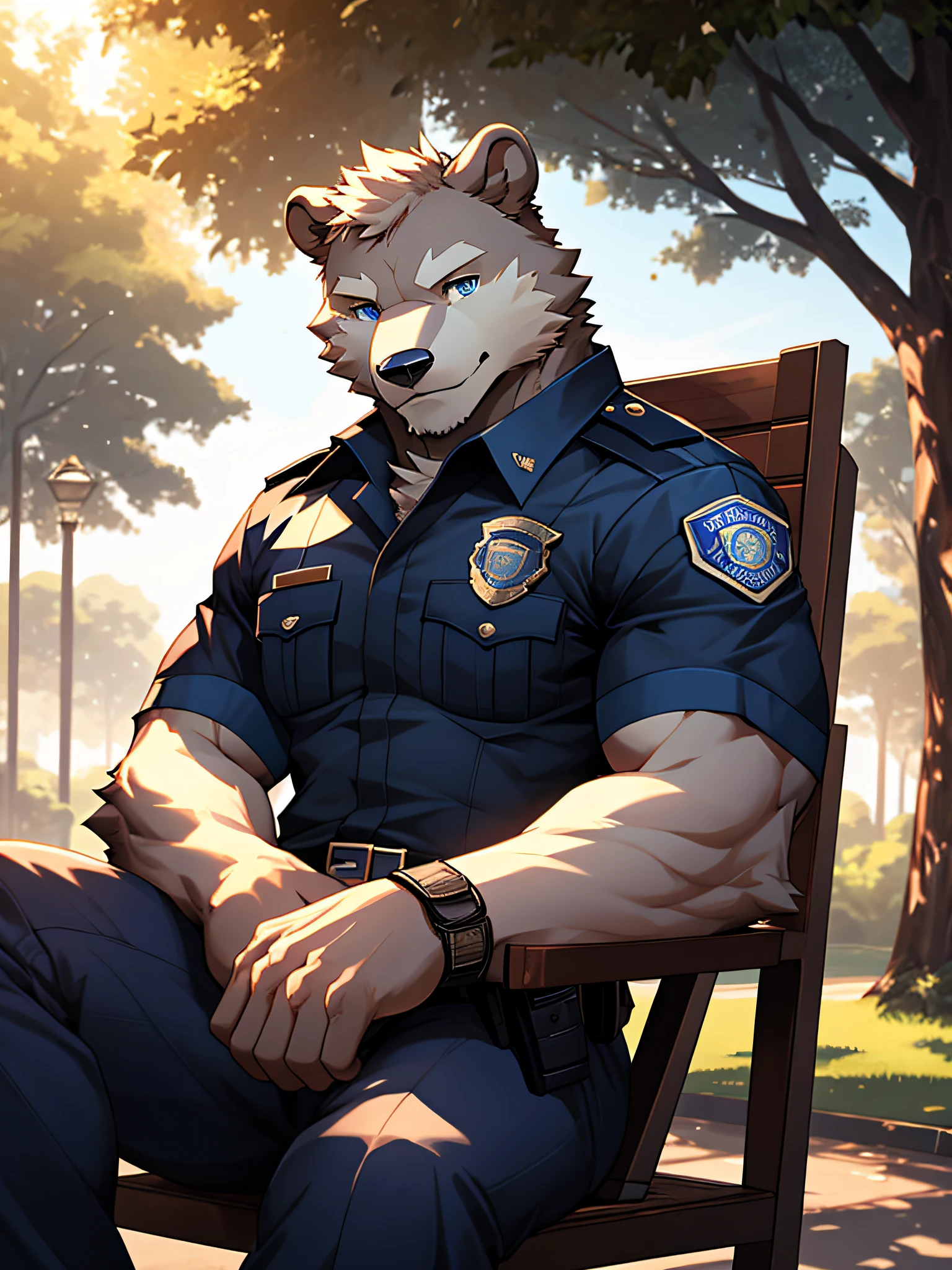 furry,bara,white bear,Blue Eyes,handsome face,slight smile,muscular,wearing an american police uniform,Sitting on a long chair under a tree.,coffee cup in hand,Early morning,straight-looking at viewer,Maximum image resolution,Dynamic lighting,10