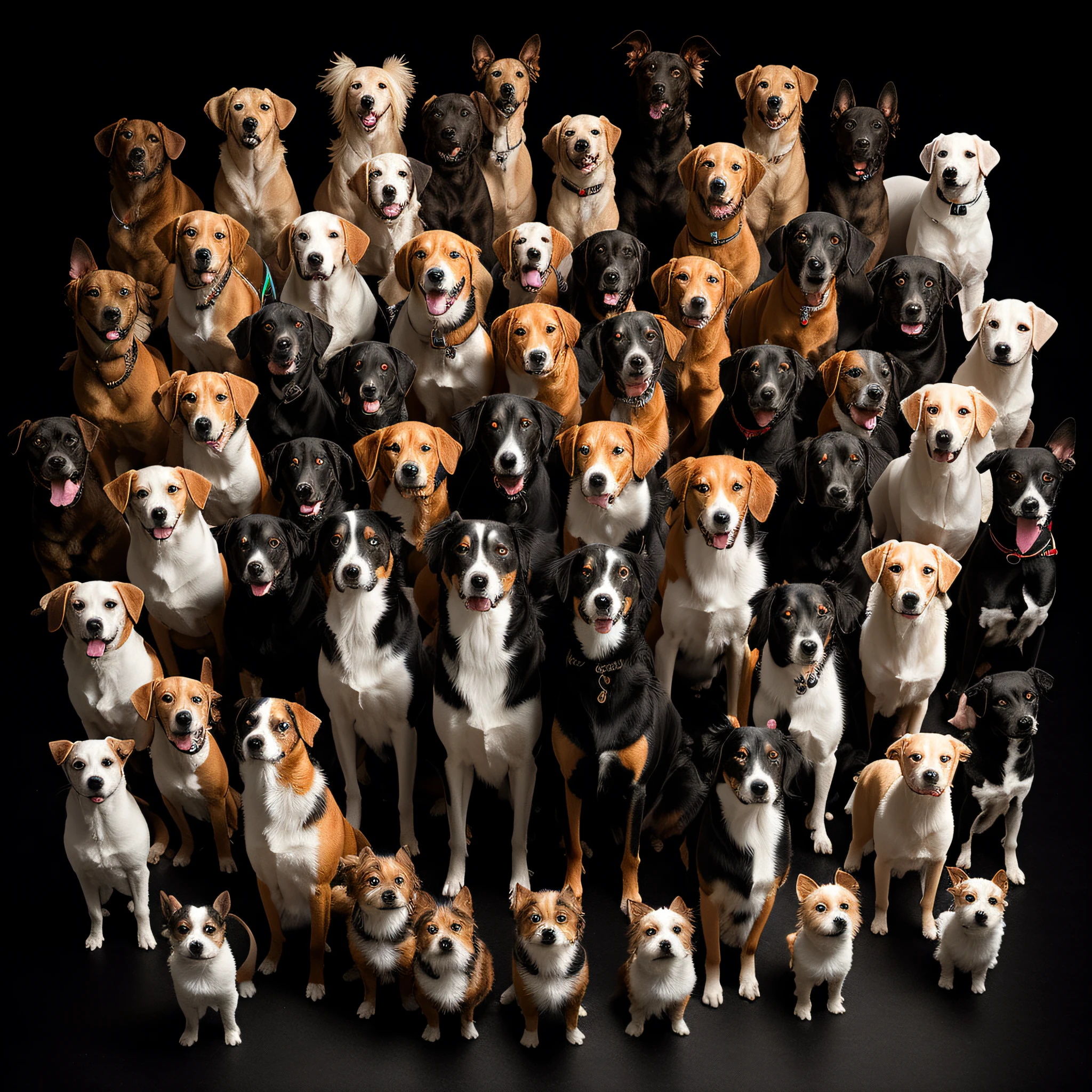 Generate a highly detailed, super-realistic image resembling a group photo of 20 dogs. Each dog should belong to a different breed, arranged with small dogs in the foreground, medium-sized dogs in the middle ground, and large dogs in the background. Ensure that all dogs are fully visible, and none should touch the edges of the image. The composition should be centered, with diffused lighting on a black background. Capture the essence of a diverse and harmonious canine gathering, emphasizing the size gradation and individual breed characteristics.