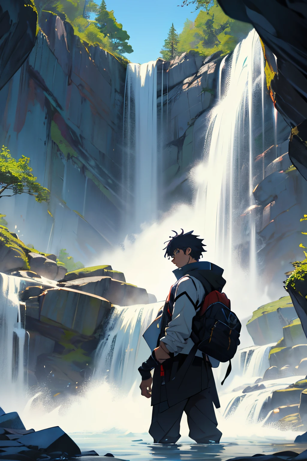 ((best quality)), ((masterpiece)), (detailed), perfect face there is a man standing on a rock in front of a waterfall, next to a waterfall, standing near a waterfall, standing in a waterfall, standing inside a waterfall, standing in front of a waterfall, bathing in a waterfall, playing in waterfalls, solitude under a waterfall, in a cave with the waterfall, under a waterfall, with a waterfalls, Anime style, high detail, anime, anime style, super detail, high details, masterpiece