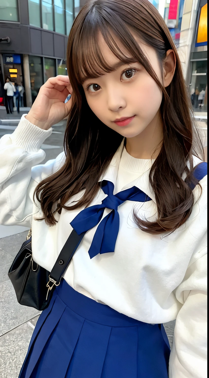 photo of a girl, wearing (crop-top:0.5) basic school sailor uniform, long sleeve, pleated blue_skirt, beautiful eyes, deep-color, BREAK (((SHIBUYA))), 109, Shibuya Center Street, friends,
