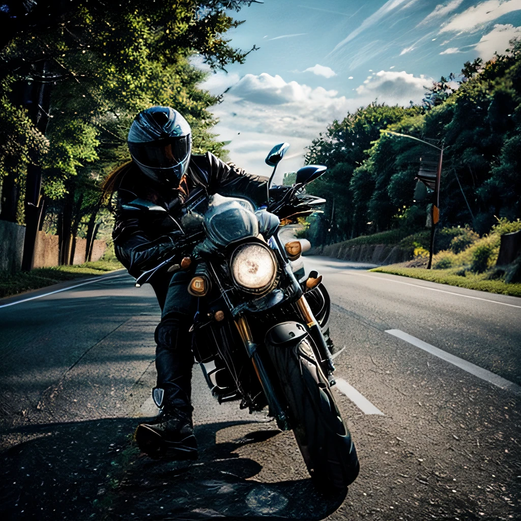 Generate an inspiring visual representation for the quote: 'Rev your passion, embrace the road. Your motorcycle is more than a machine; it's a symbol of courage and dreams. Ride on! 🏍️✨ #RideOn #MotorcycleMotivation' Capture the essence of adventure, courage, and the open road. Use vibrant colors and dynamic elements to convey the spirit of motorcycling.