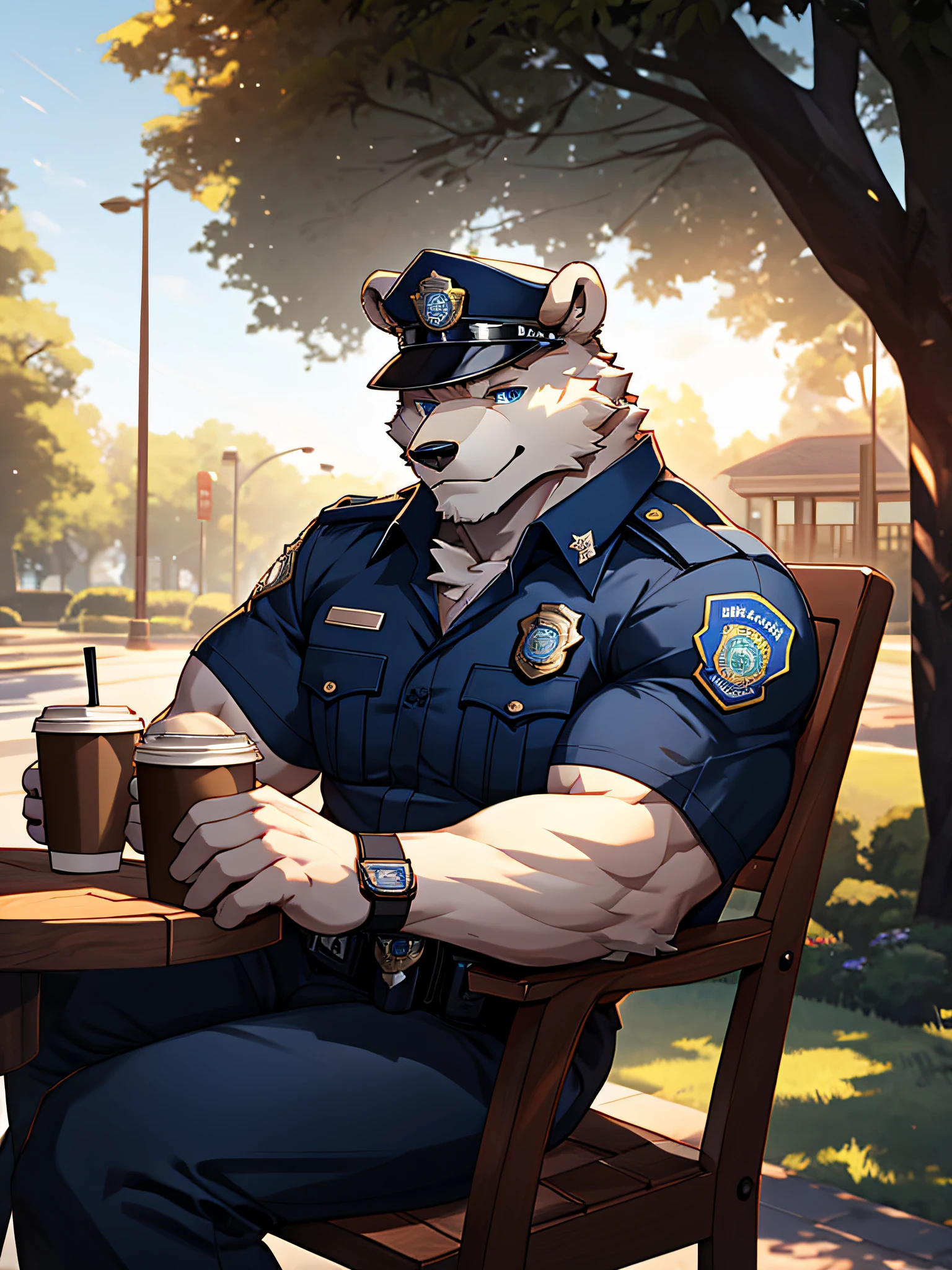 furry,solo,white bear,Blue eyes,Handsome face,slight smile,Muscular,Wearing an American police uniform,Sitting on a long chair under a tree.,coffee cup in hand,early morning,Looking straight at the viewer,Maximum image resolution,Dynamic lighting,4K
