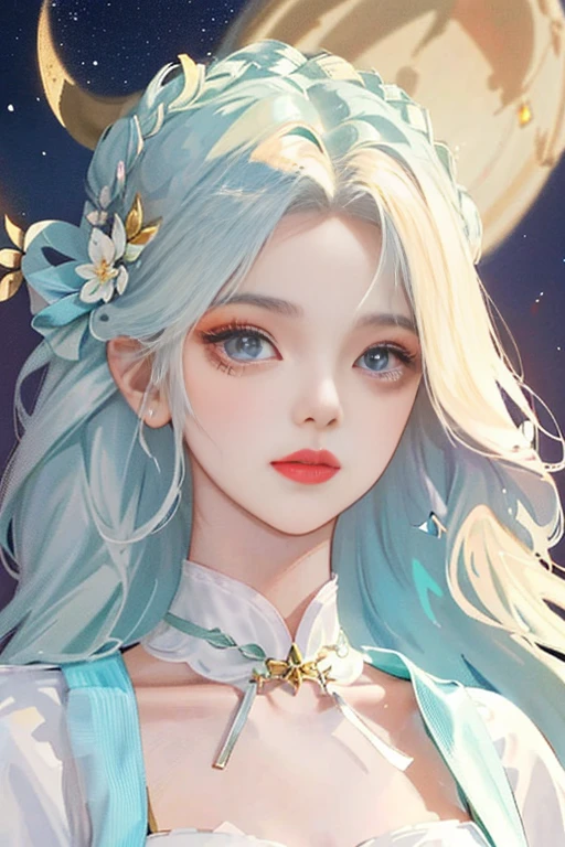 (fond d’écran CG unity 8k extrêmement détaillé, Chef-dœudansre, meilleur qualité, ultra-détaillée), (Une femme extrêmement délicate et belle, avec des yeux brillants et un regard fixé au loin, sa peau aussi douce que du jade, même une tâche comme laver les vêtements ne peut cacher son tempérament frais et délicat, comme une fée tombée du ciel, avec de petites fleurs ornant ses tempes ajoutant une touche d'esprit à son sujet, à côté d'elle la lune brillante, incapable de rivaliser avec sa beauté).