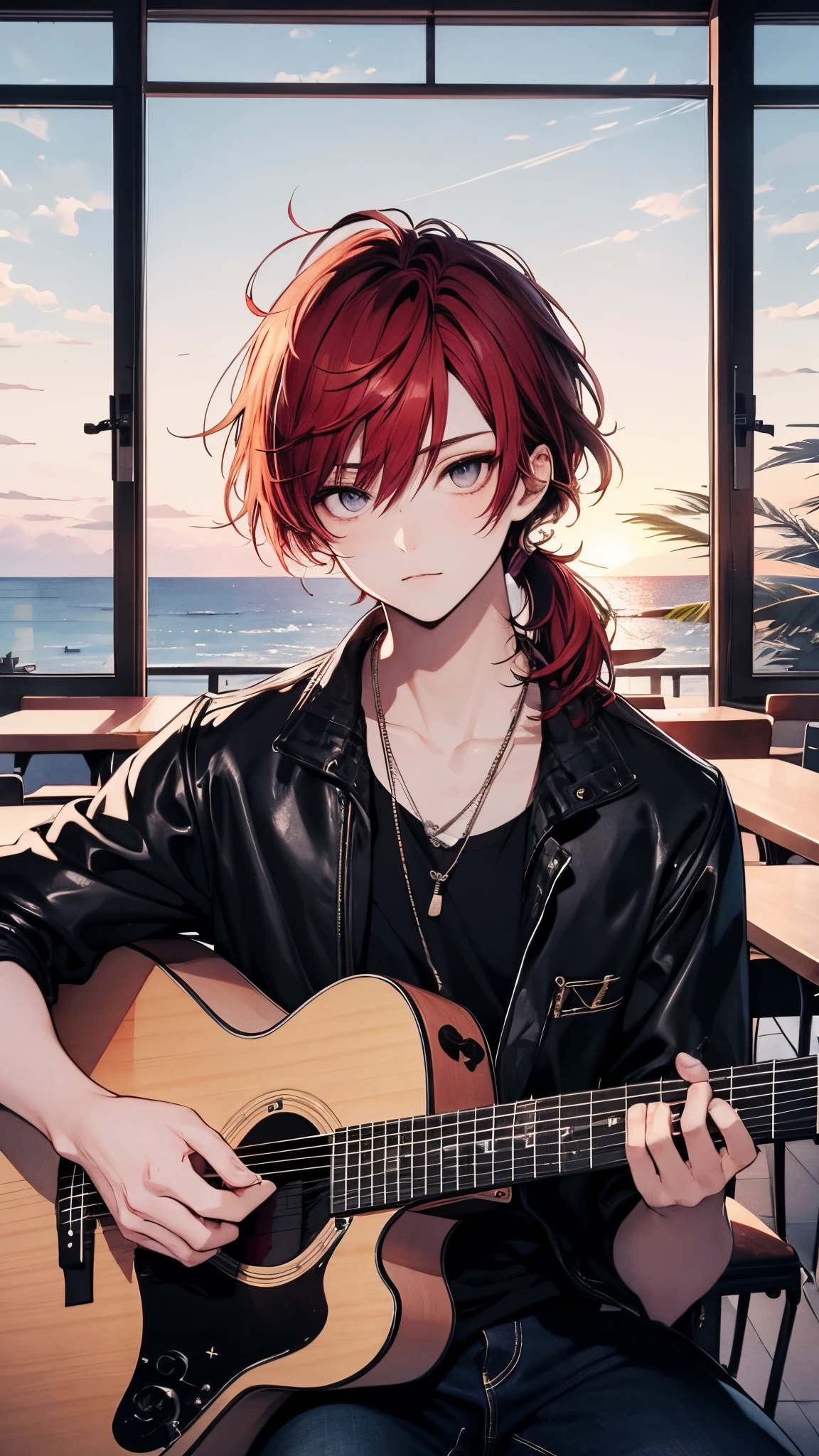 ember、a handsome、a cool、Beautiful young man, Red hair, shoulder length hair, Low Side Ponytail, Gray eyes, slit-eyes, Counter chair, Playing guitar, huge window, Sunset, ocean, Black leather jeans, animesque, Clear line drawing, Transparent watercolor, Clear shading, High quality, Detailed, pixiv illustration, Portrait.