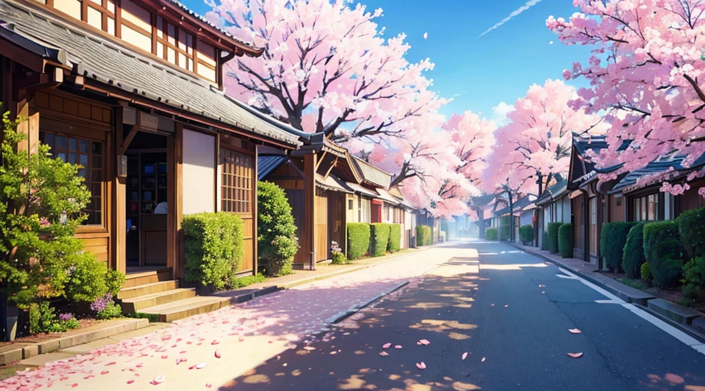(Best Quality,4k,8K,hight resolution,Masterpiece:1.2),Ultra-detailed,(Realistic,Photorealistic,photo-realistic:1.37),Background,letho,Sun light,soft colors,Sakura,Sakura petals are falling,In the middle of the road,beds near the road,at home,Shops,landscape,Vivid colors,Sunlight,soft tones,Sakura,falling cherry blossom petals,in the middle of the road,Houses,Shops