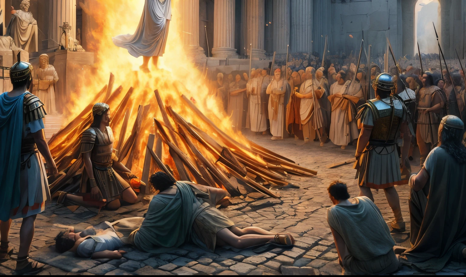 um grupo de pessoas com roupas romanas em volta de uma fogueira, em 300 d.C., Realistic image of biblical times, em roma, fogueira, martyrdom of a saint, inagem detalhada historicamente perfeita, fires!! hiper-realista, Uma cidade antiga em chamas, Monges!!!!!!!!! fire, human sacrifice, epic biblical representation, por Pogus Caesar, Directed by: Mike Winkelmann, Queda de Roma, beware the ides of march, A Queda de Roma, Directed by: Roman Bezpalkiv, Directed by: Artur Tarnowski