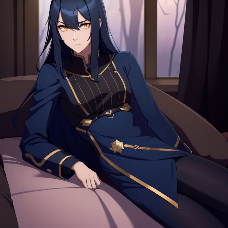 male, ah high, lean, Feminine appearance, hairlong, dark blue hair color, bangs cover the left half of the face, Yellow eyes, narrow eyes, A manly face