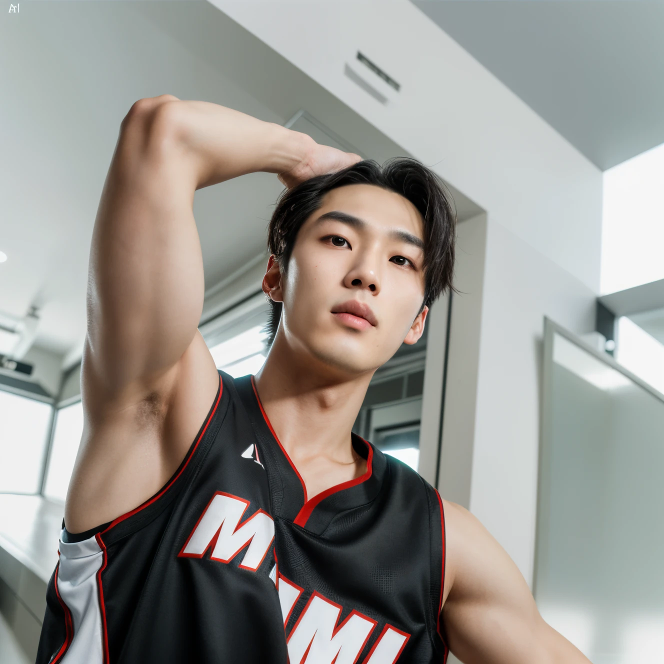 handsome face,slender、Beautiful facial features。hugging face,upper body,light blush, masterpiece, ultra quality, high resolution, 8k, intricate: 1.2), handsome, Young Korean man ,white skin, double eyelids , detailed skin,detailed teeth, ((realistic)),, ((pale skin)),(8K, RAW photo, Highest quality) ,8k, super detail, accurate, ,Best quality, super high resolution, (realistic: 1.4), handsome, good facial details, handsome young Korean maleasterpiece, ultra quality, high resolution, 8k, intricate: 1.2), (detailed face:1.2), handsome, Young Korean man ,white skin, double eyelids , detailed skin, 1boy, ((realistic)) good lighting quality, ((pale skin)),,(photorealistic, masterpiece, 8K HD, good lighting quality, extremely handsome ,arafed male in a black and red basketball jersey holding a basketball,, wearing nba jersey, wearing basketball jersey, his palms are sweaty, wearing a tanktop, doing a hot majestic pose, korean muscle boy 2 1 years old, handsome chad chin, doing a majestic pose