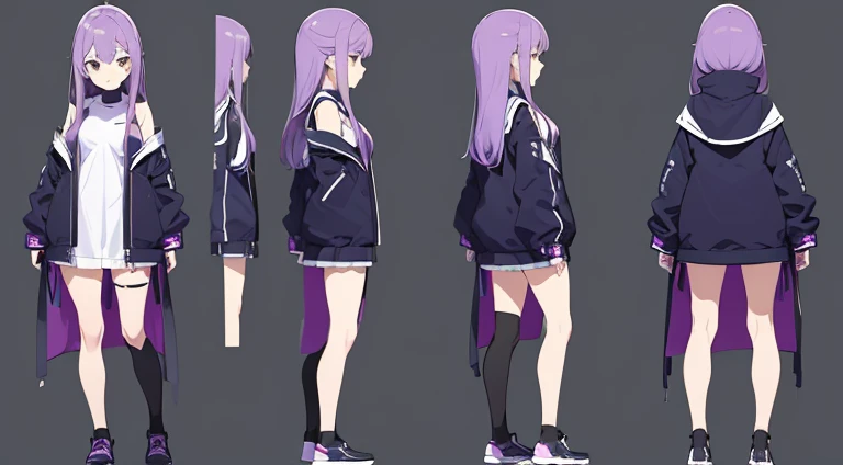 (Best Quality, masutepiece), , yo,Standing Girl, three view drawing, front, Back and sides, Character Sheet,Full body, Background,Purple hair,Long hair, A sexy,Shoulders are sticking out,jaket,white clothes,turtle neck,Beautuful Women,Beautiful