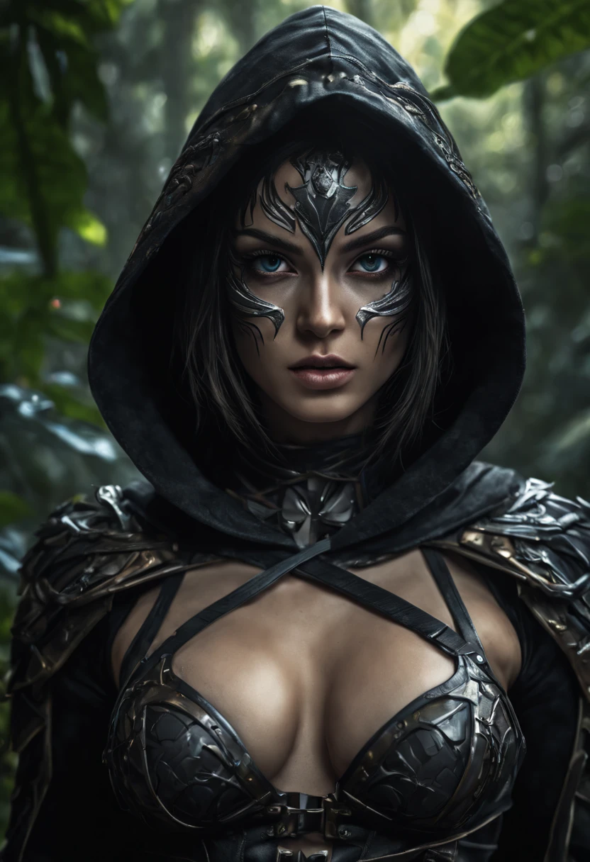 Fantasy, digital painting, dreamlike aesthetic, (best quality: 1.3), (8K), (large master photo), (edited hair), (vivid colors), perfect anatomy, perfect face, symmetrical face, perfect eyes, symmetrical eyes , (intricate details:1.3), vivid colors, ((dark shadows), (extreme details:1.3), ((natural light)), (divine rays), highlights on the skin,
Beautiful and exotic ((medival assassin)) sneaks through the dark, overgrown jungle, hunting for prey, lithe, sexy, camouflaged with body and face paint, she wears a black open coat with a hood, dark rainforest, cleavage, plants in the foreground, background: dense primeval jungle), erotic, sexual, sensual, cyborg, cable, glowing, fighting stance, fighting pose, perfect face, absurdres, extremely detailed, ((correct anatomy)),
hyperdetailed face, hyperdetailed body, Hyperdetailed limbs, hyperdetailed background, (detailed face), detailed eyes, perfect face, (expressive eyes), (masterpiece), natural lighting, 8k, dynamic composition, epic, exquisite composition, professional photography, canon eos d5,togruta, cyborg, cable, glowing, mechanical parts, cyberpunk, android, ((reelmech)),