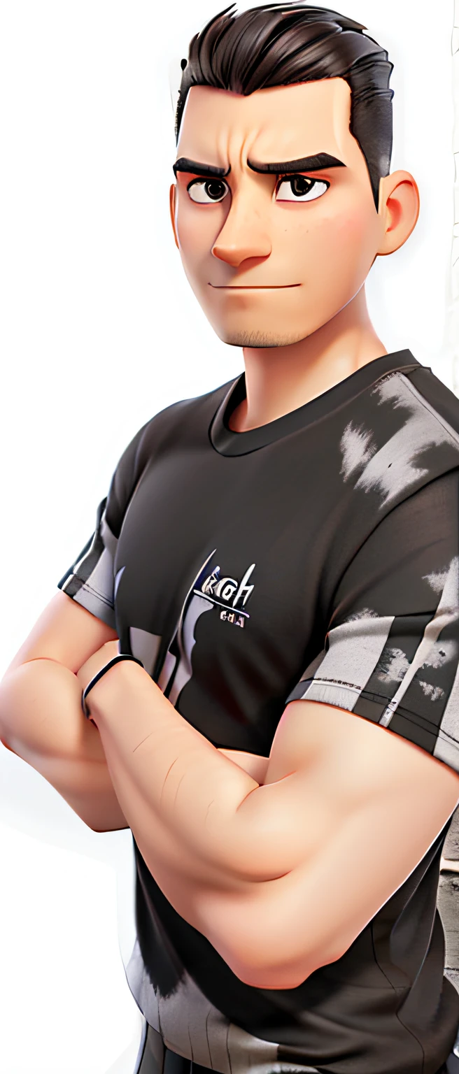A thin man with his arms crossed, his hair cut short, a serious expression and wearing a black t-shirt.
