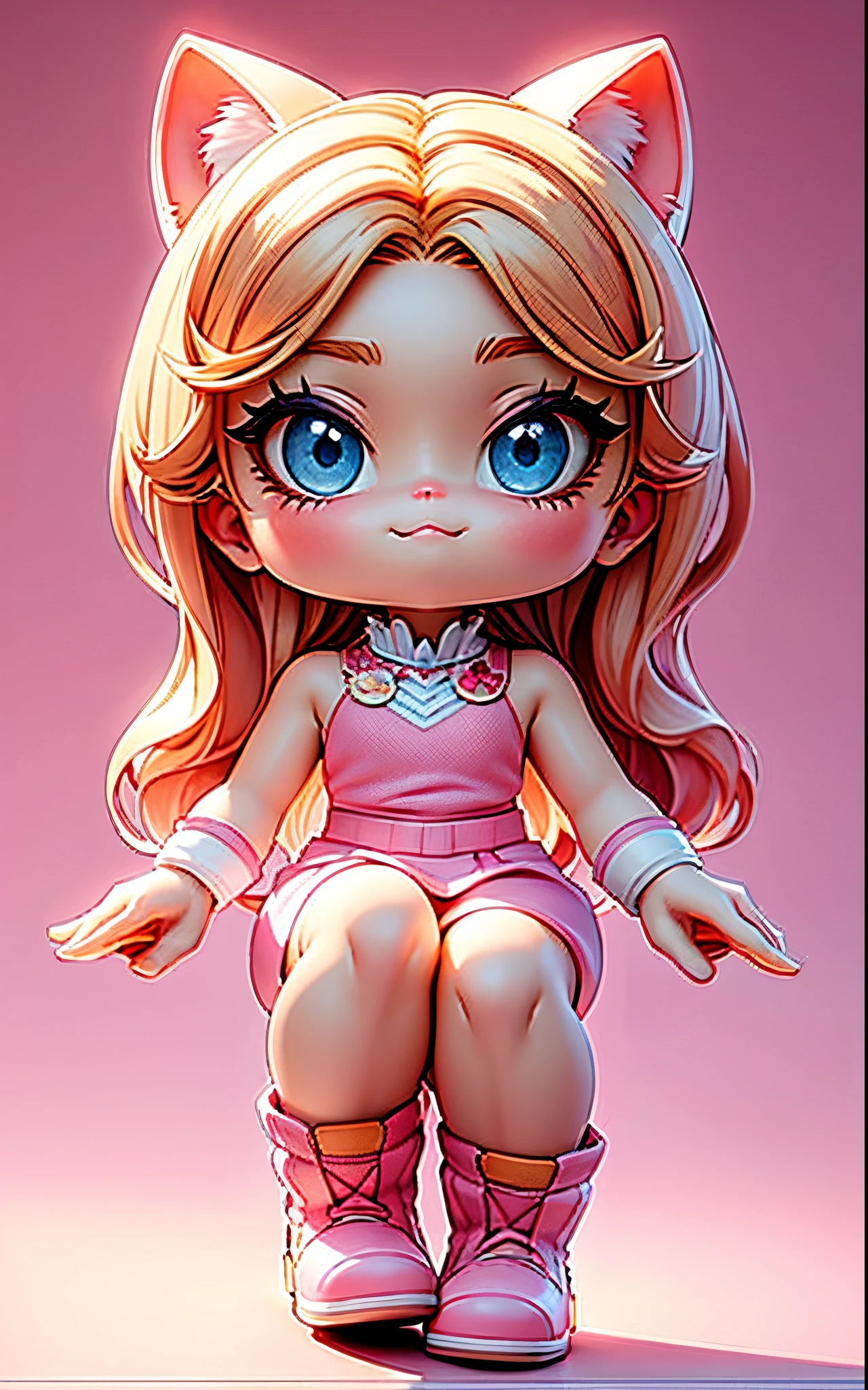 (masterpiece:1,2, cat-like mouth, pink background), best quality, masterpiece, original, extremely detailed, perfect lighting,(extremely detailed CG:1.2), 8K, 3d style,anime girl, pink skirt, blonde hair, blue eyes, very beautiful and lovely cat woman, lovely digital art ,chibi